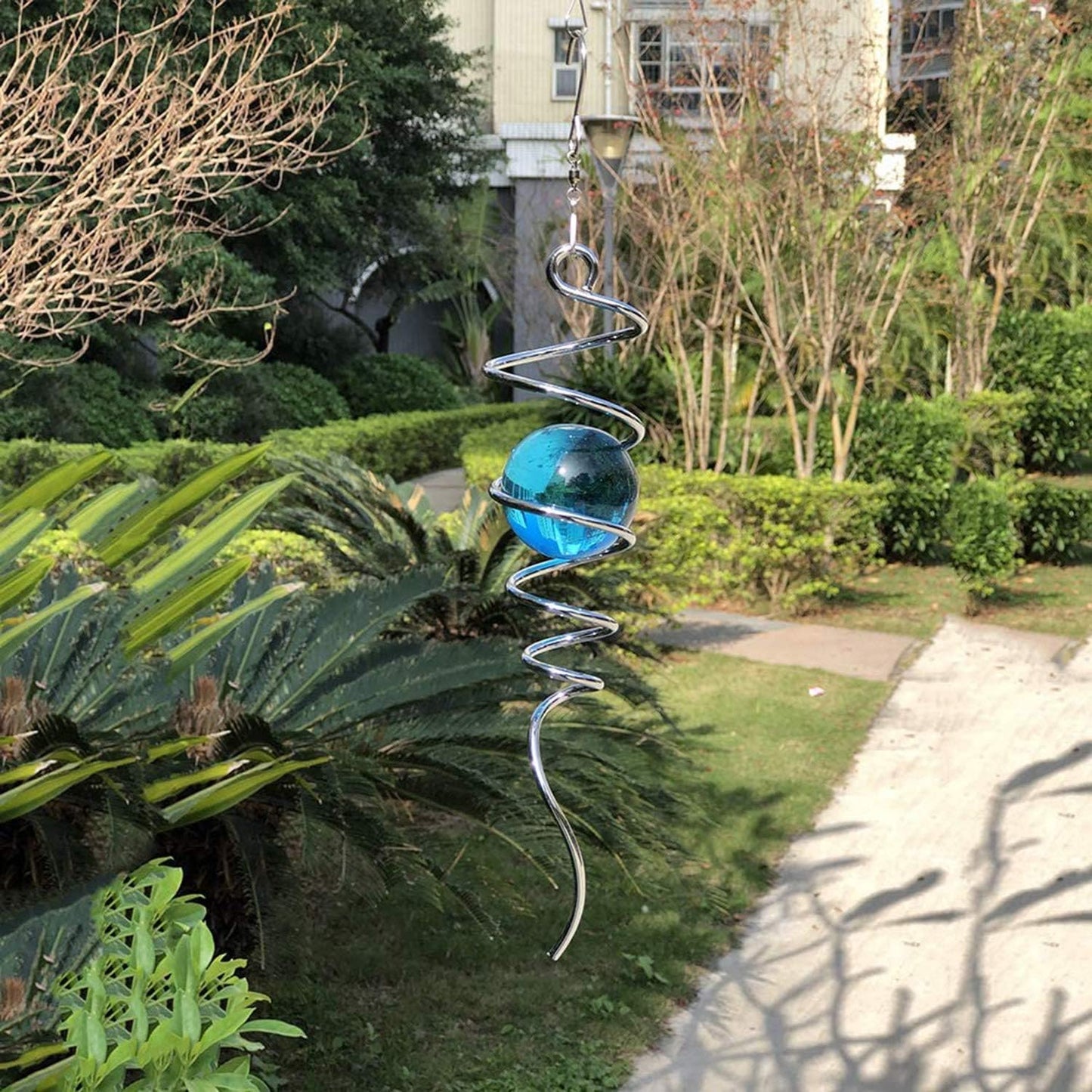 FONMY Gazing Ball Spiral Tail -Decorative Wind Spinner 11" inch Tail and 2" inch Glass Orb. Indoor Outdoor Garden Decoration Silver Blue -13 inch Height