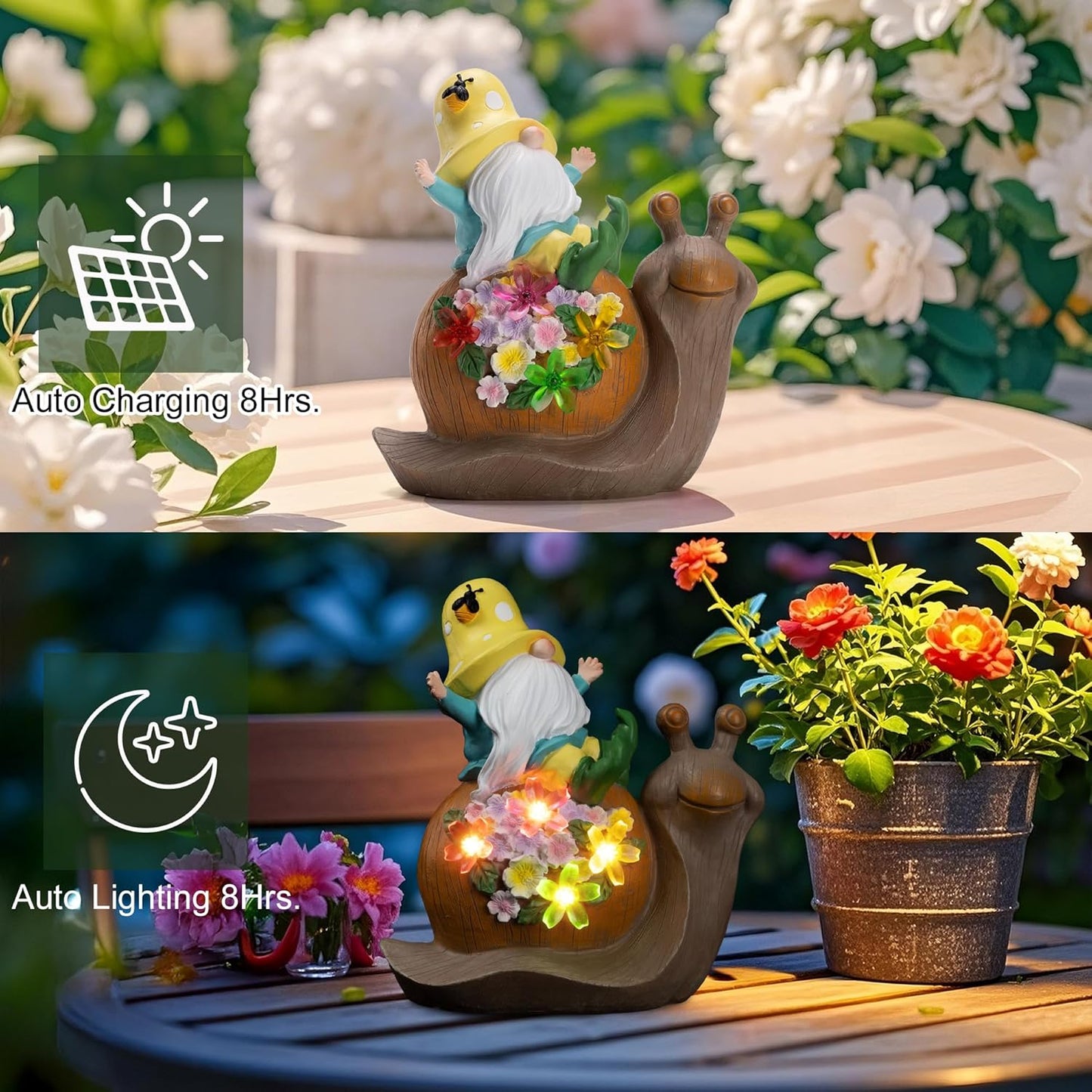 Solar Garden Outdoor Statue Snail Gnome with Succulent and LED Light - Patio,Lawn,Garden,Tortoise Statue for Patio,Unique Housewarming Gifts
