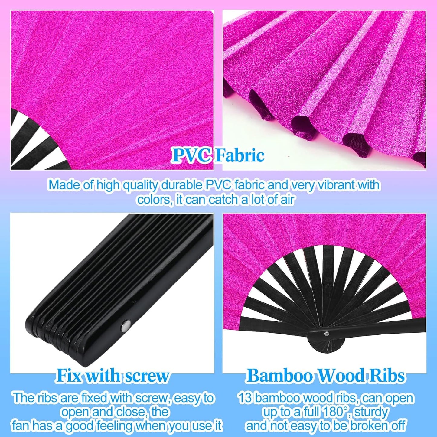 Maitys 2 Packs Large Clap Fans for Line Dancing Large Chinese Folding Hand Fans for Men and Women, Festival, Tai Ji, Kungfu, Martial Art, Gifts (Glitter Rose Red and Blue)