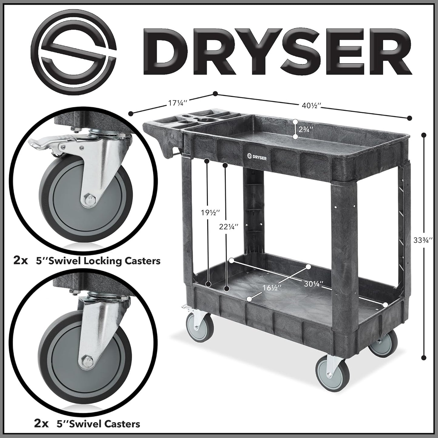 Dryser Utility Cart with Wheels, 40" x 17" Heavy Duty 550 lb. Capacity with Shelves - 2 Tier Rolling Cart with Four 5" Swivel Casters for Warehouse, Garage, Cleaning