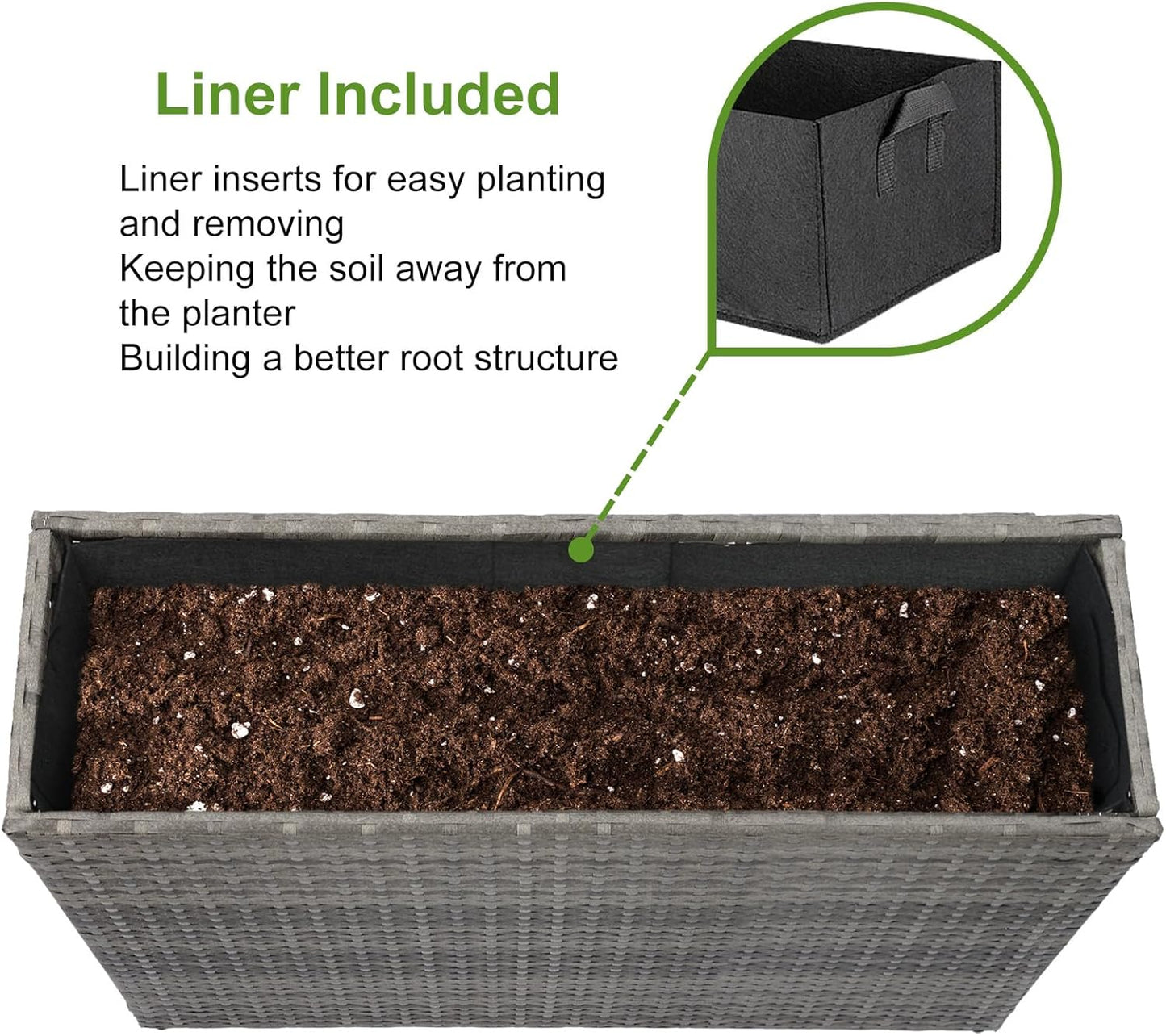 LEWIS&WAYNE Large Rectangular Block Planter Box Handmade Wicker Tall Planters for Outdoor Plants with Removable Liners Modern Planter for Indoor Outdoor Patio Deck - Gray, 38''x11''x30''