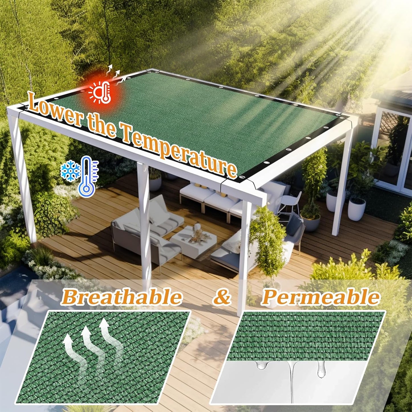 Shade&Beyond Customized Size 90% Sun Shade Cloth with Grommets, 11' X 11' Pergola Shade Cover Canopy, Mesh Tarp Sun Screens for Patio, Outdoor, Garden, Backyard GN01, Green