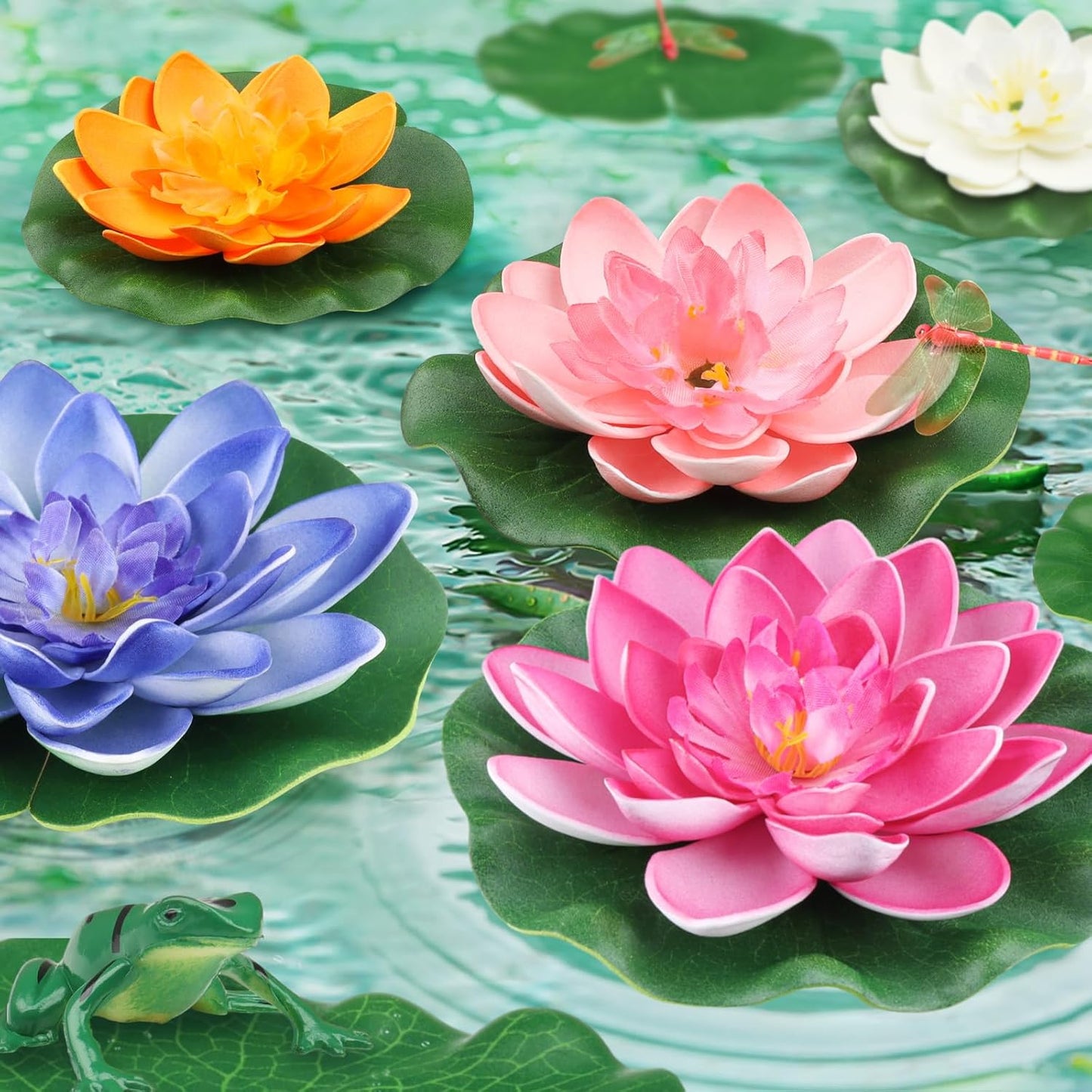 22 Pack Artificial Floating Foam Lotus Flowers with Artificial Frog Lotus Leaves, Lily Pads for Lake, Pond Plants Ornaments for Pool Water Decoration, Colorful