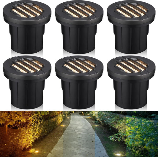 LEONLITE Dia. 4 Inch Well Lights Landscape LED In Ground, Grated Top, 5 Color Temperature Selectable, 12-24V AC/DC CRI90 Low Voltage Garden Landscaping, Black Aluminum Housing, Pack of 6