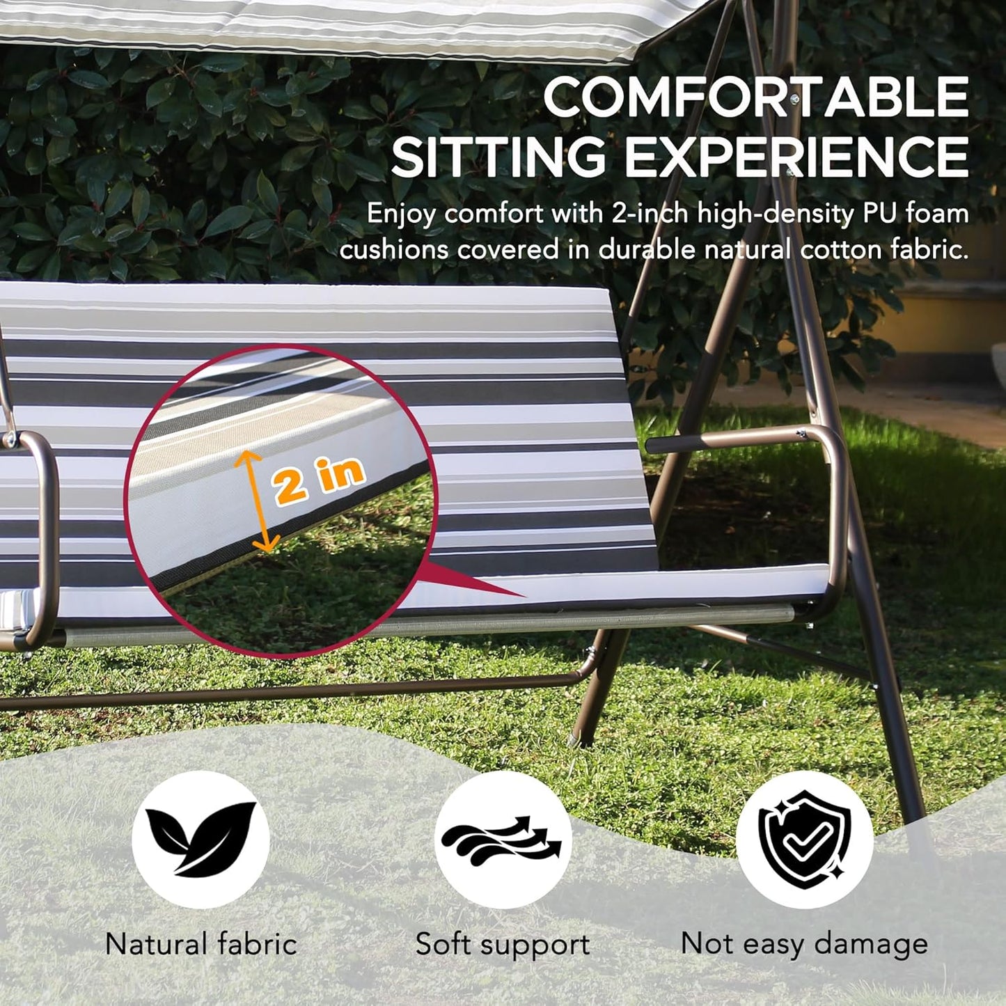 SUNJOY Outdoor Porch Swing, 2 Seat Patio Metal Porch Swing Seats with Adjustable Canopy and Removable Cushion for Garden, Poolside, Backyard, Bronze - Made in Italy