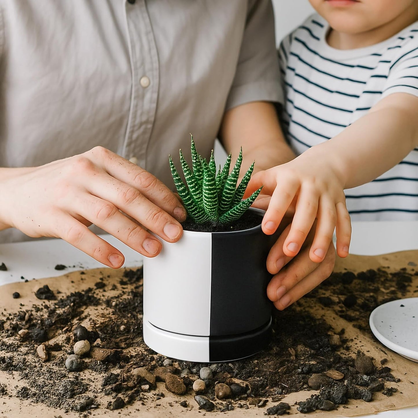D'vine Dev 3.5 Inch Ceramic Planter Pot with Drainage Hole and Saucer, Indoor Cylinder Round Planter Pot, Split Monochrome Black & White, 94-O-A-0