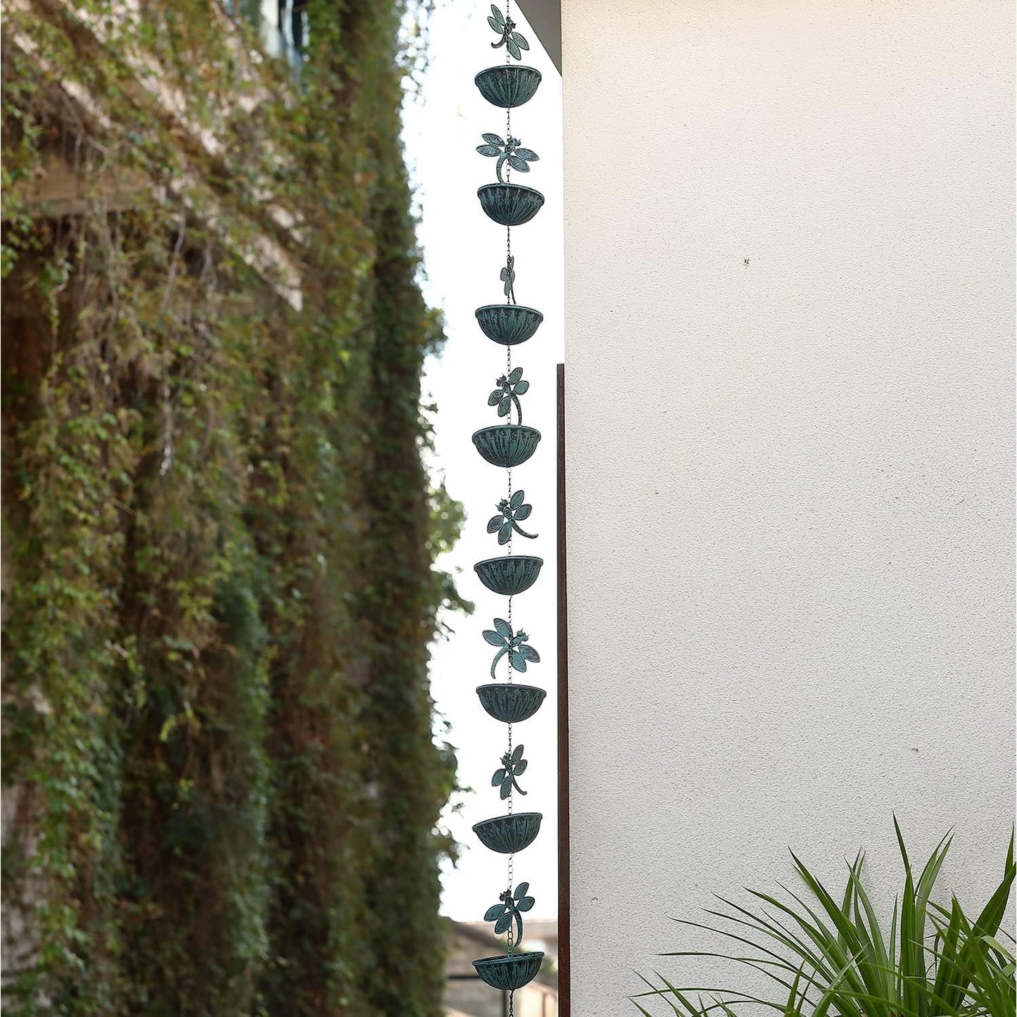 Iron Dragonfly Rain Chain for Gutters, 8.5-Feet Length, Distressed Blue