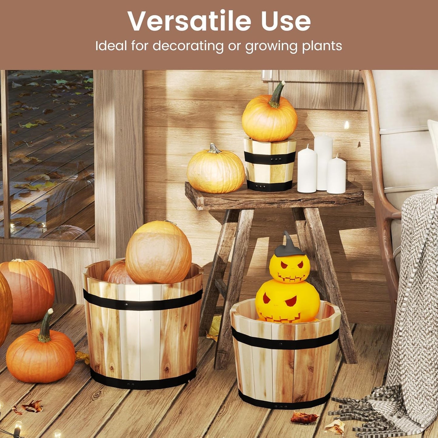 HAPPYGRILL Wooden Plant Pots, 3 Solid Acacia Wood Whiskey Barrel Planters w/Drainage Holes for Flower Herb Shrub, Multi Sizes Indoor Outdoor Patio Planting Flower Pots Home Decoration