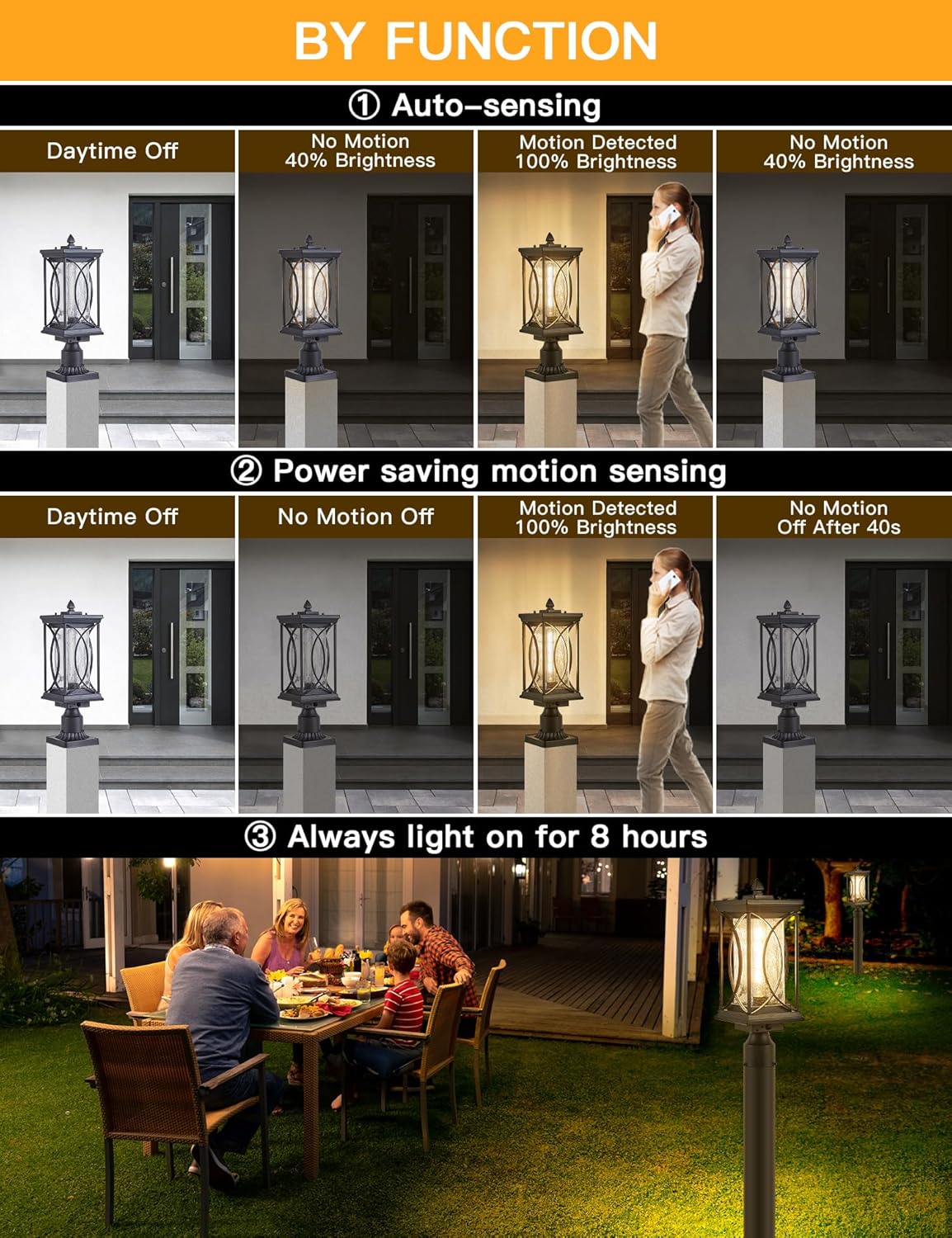 Motion Outdoor Post Lantern Dusk to Dawn Pillar Lamp with 3 Inch Pier Mount Adapter, Black Pole Light Aluminum with Crackle Glass Motion Outdoor Post Lights for Patio, Yard, Garden, Pathway