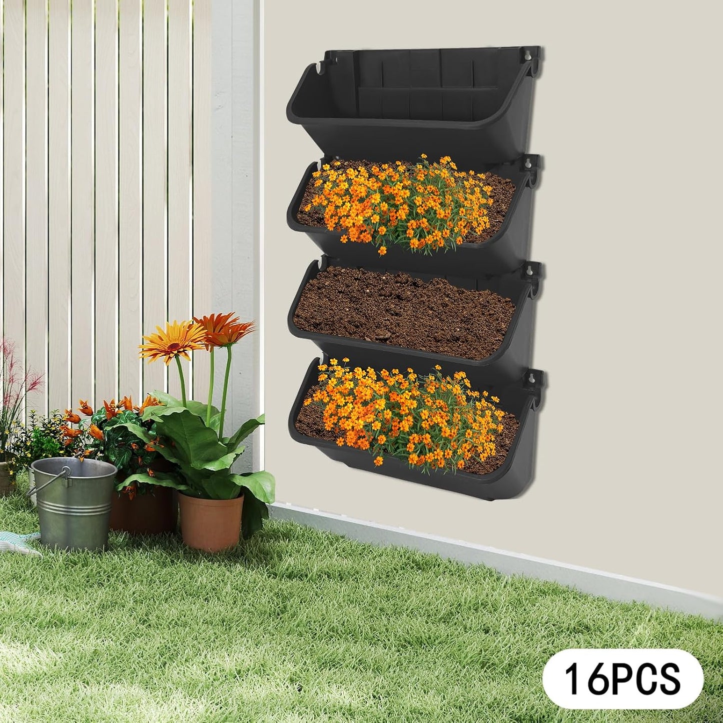 16-Pot Vertical Wall Planter, Self-Watering Stackable Planters for Indoor & Outdoor Use, Perfect for Herbs, Flowers & Vegetables (16, Black)