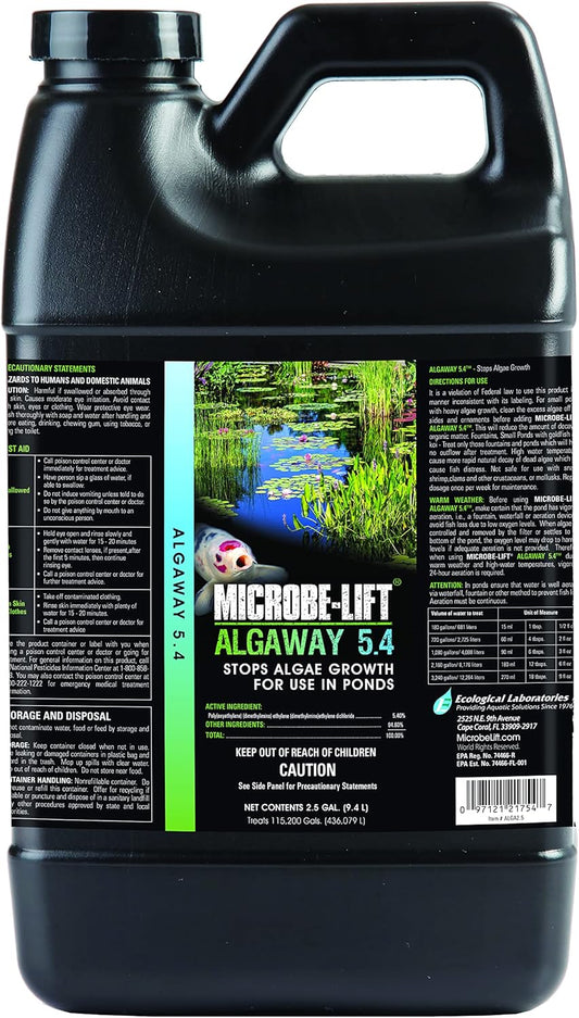 MICROBE-LIFT ALGA2.5 Algaway 5.4 Algae Control Treatment for Ponds and Water Gardens, Safe for Koi Fish, Goldfish, Plants, and Decorations, 2.5 Gallons