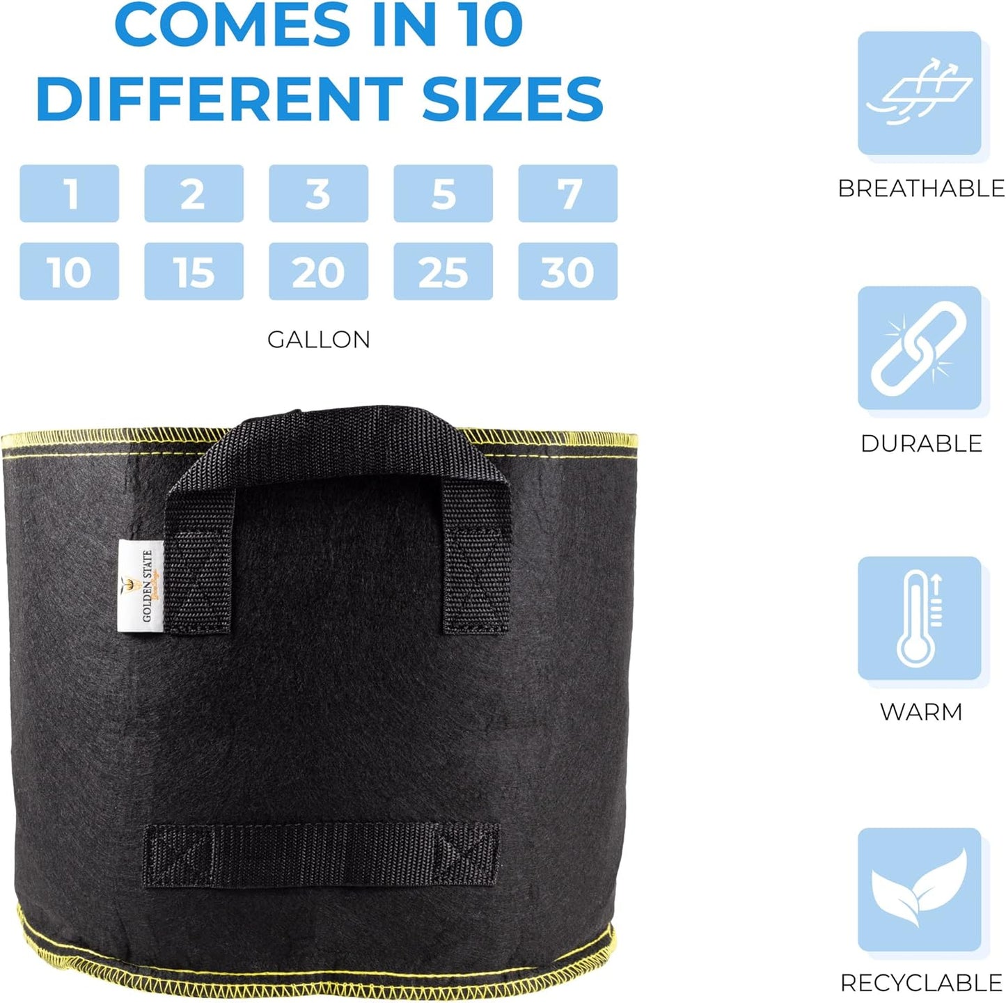 Grow Bags: 5-Pack (Size: 20 Gallon): 300gsm Black Felt Fabric w/Yellow Stitch, Biodegradable and eco-Friendly Material. (Handles + Dumping Handles-pat.Pend).