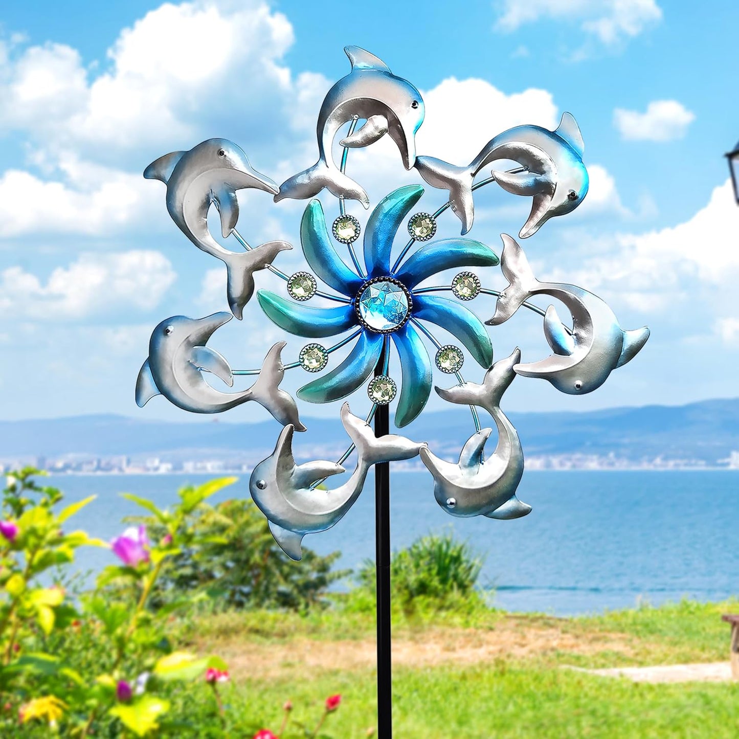39" Dolphin Wind Spinners Metal Windmill Garden Stake,Ocean Theme Outdoor Wind Spinner,Wind Sculptures Yard Art Decorations for Patio,Lawn & Garden Decor