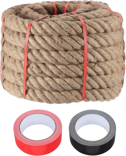 MECCANIXITY Jute Rope 2 Inch x 75ft, Thick Twine Rope Ropes Braided Jute Twine Natural Brown Burlap Cord String Heavy Twisted with Tapes for Decorative Crafts Railing Swing Tug of War