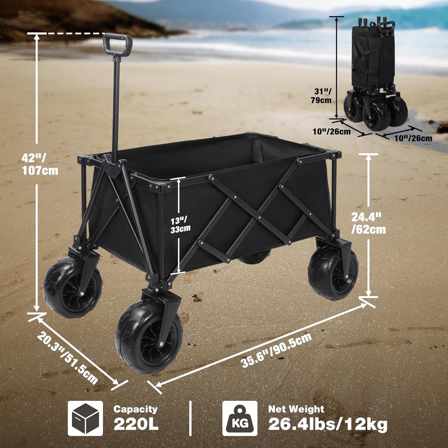 REDCAMP Collapsible Beach Wagon with 9" Big Wheels for Sand, 450lb Heavy Duty Foldable Beach Cart with All-Terrain Balloon Style Foam Wheels for Gravel, Sand, Camping, Groceries, Garden