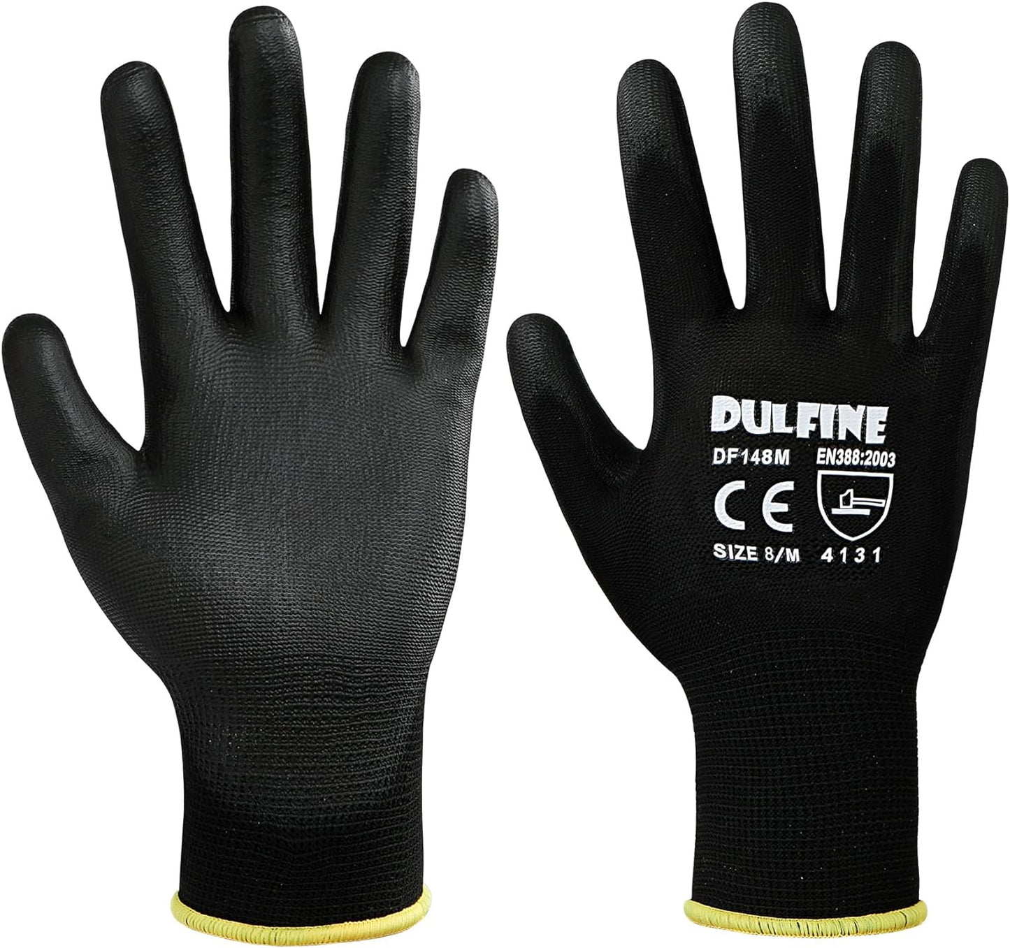 DULFINE Ultra-Thin PU Coated Work Gloves-12 Pairs,Excellent Grip,Nylon Shell Black Polyurethane Coated Safety Work Gloves, Knit Wrist Cuff,Ideal for Light Duty Work. (Extra Large)