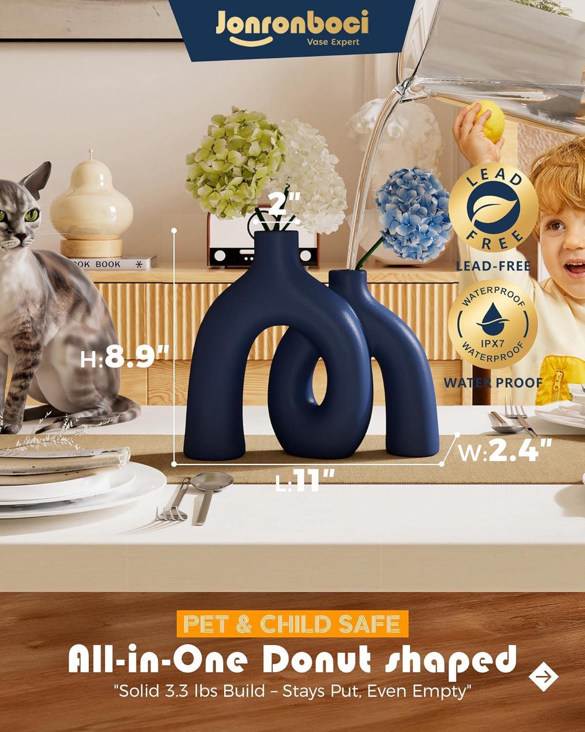 Hug Donut Decorative Vase Set - Navy Blue Vase, Modern Coastal Style Vases Home Decor, Matte Ceramic Decorations for Living Room Shelf, Bookshelf Mantle Entryway Table or Console Décor (Navy Blue)