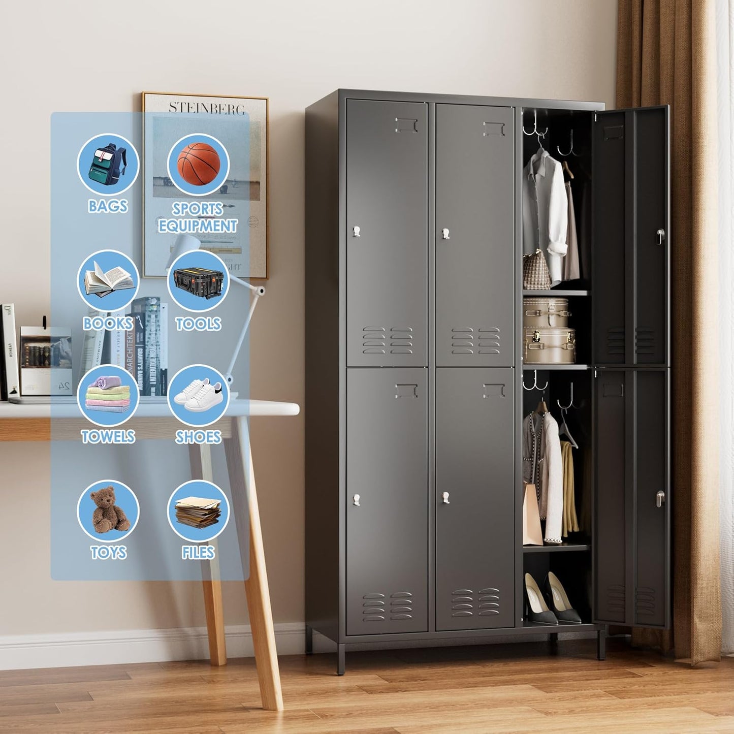 6 Doors Metal Storage Lockers for Employees with 18 Hooks,72" H Employee Lockers with Business Card Holder for Offices School Gyms Home,Assembly Required,Black