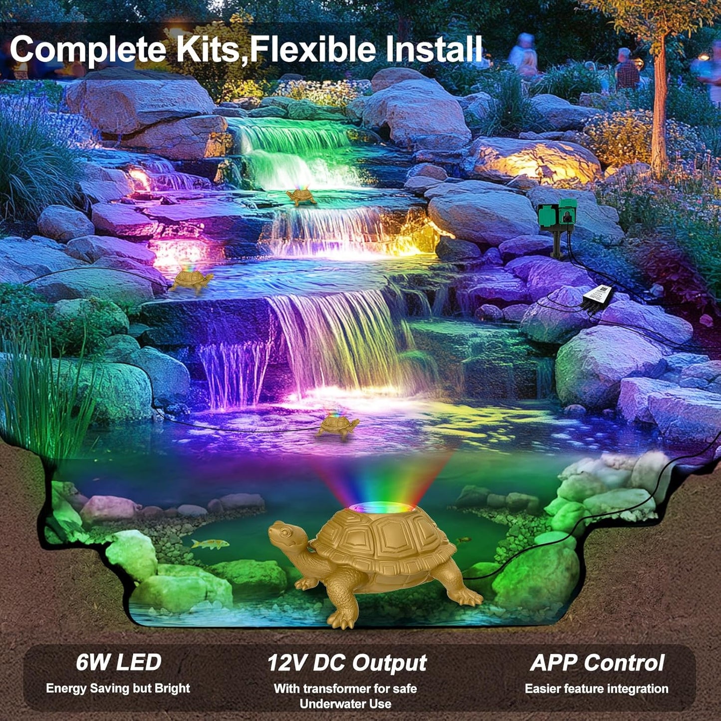 Underwater LED Pond Light with 12V Transformer, 6W Turtle Fountain Light LED Underwater with APP, IP68 Waterproof Underwater Lights for Pond Fountain Waterfall Yard Water Feature, 4 SpotLights