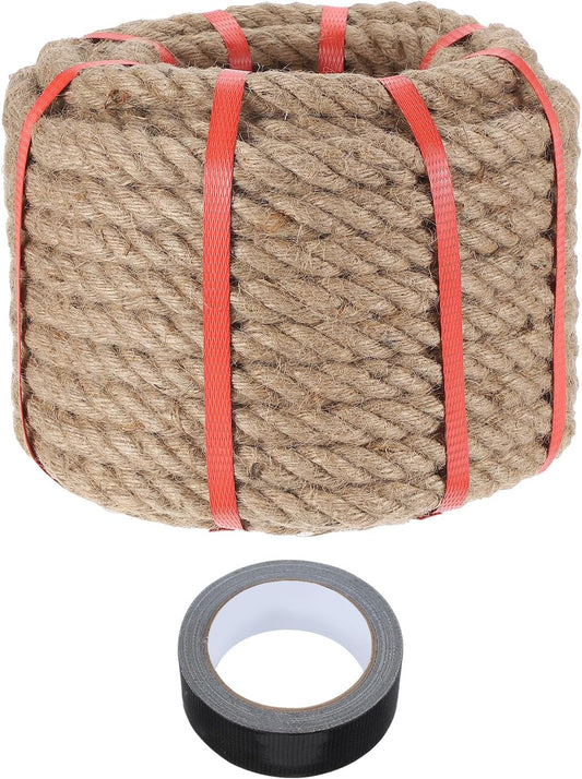 MECCANIXITY Jute Rope 0.8 Inch x 75ft, Thick Twine Rope Ropes Braided Jute Twine Natural Brown Burlap Cord String Heavy Twisted with Tape for Decorative Crafts Railing Swing Tug of War