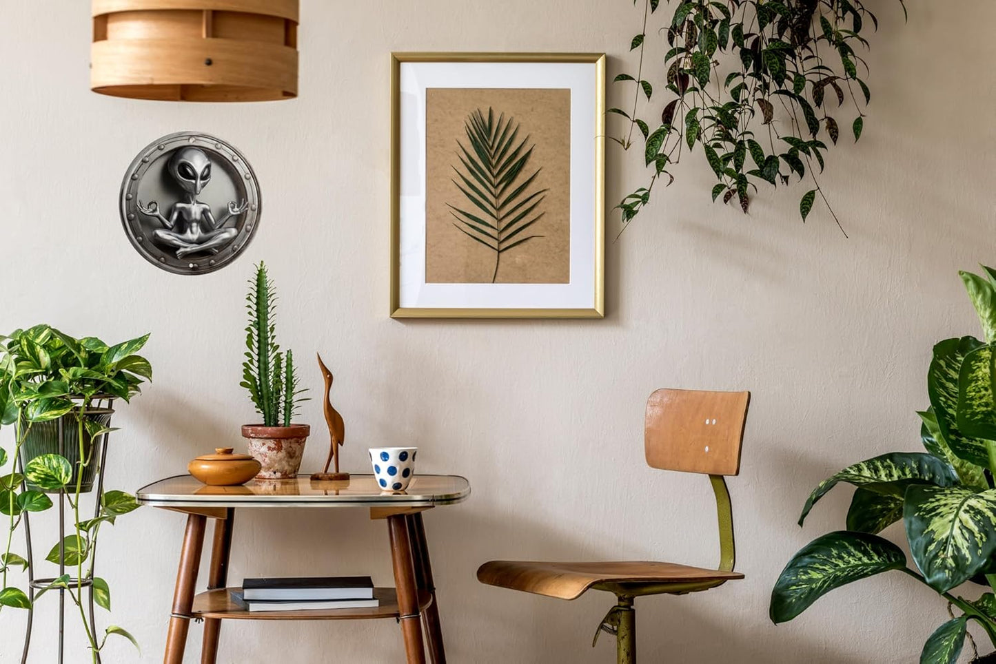 Alien Yoga Metal Wall Art Round Vintage Extraterrestrial Meditation Decorative Sign Home Decoration Unique Sci-Fi Theme Decor Room Decor 8x8 In