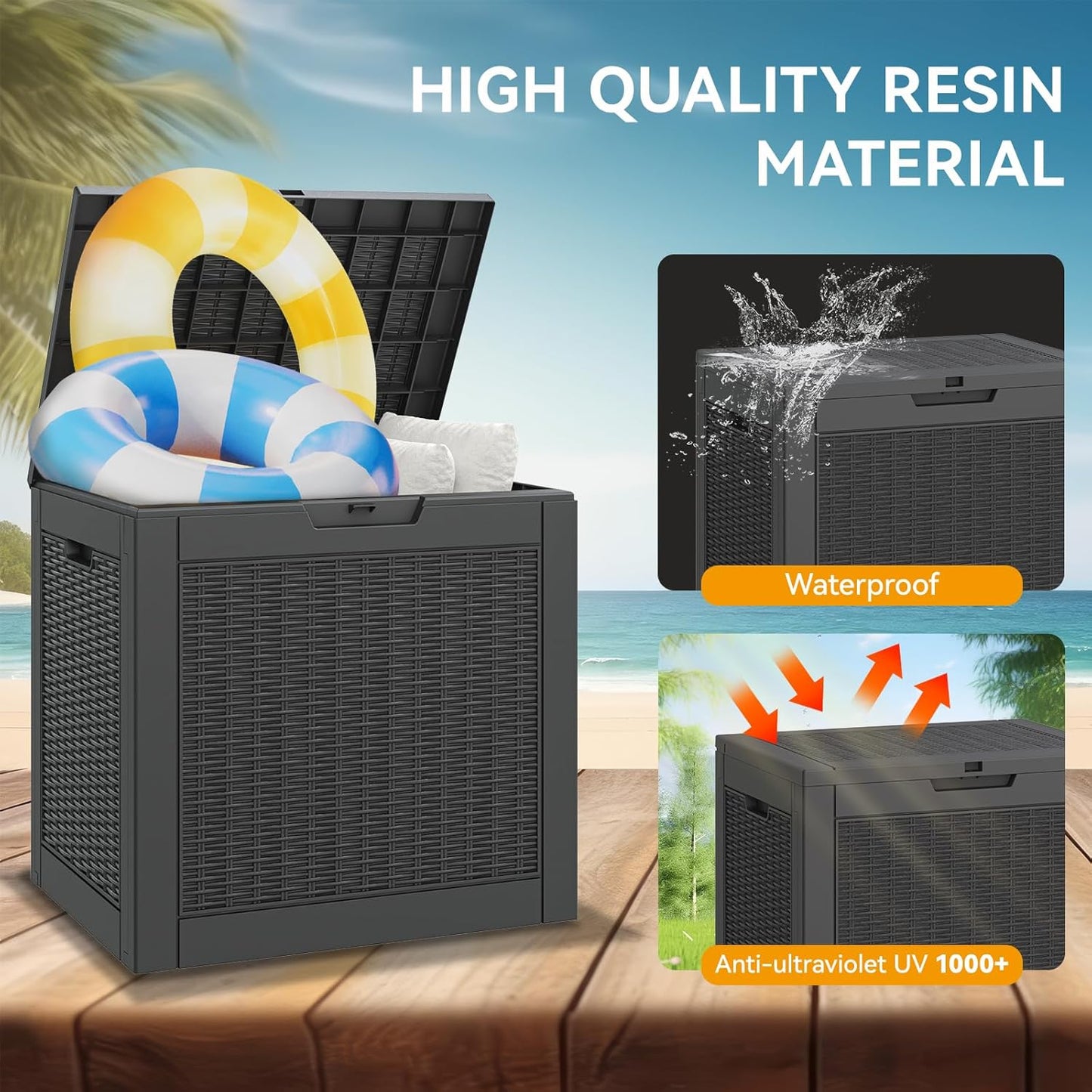 KAMABOKO 31 Gallon Outdoor Storage Box, Resin Deck Boxes Indoor and outdoor, Waterproof Storage Box Lockable Lid for Garden Tools, Package Delivery, Pool Supplies, Patio Cushions, Black