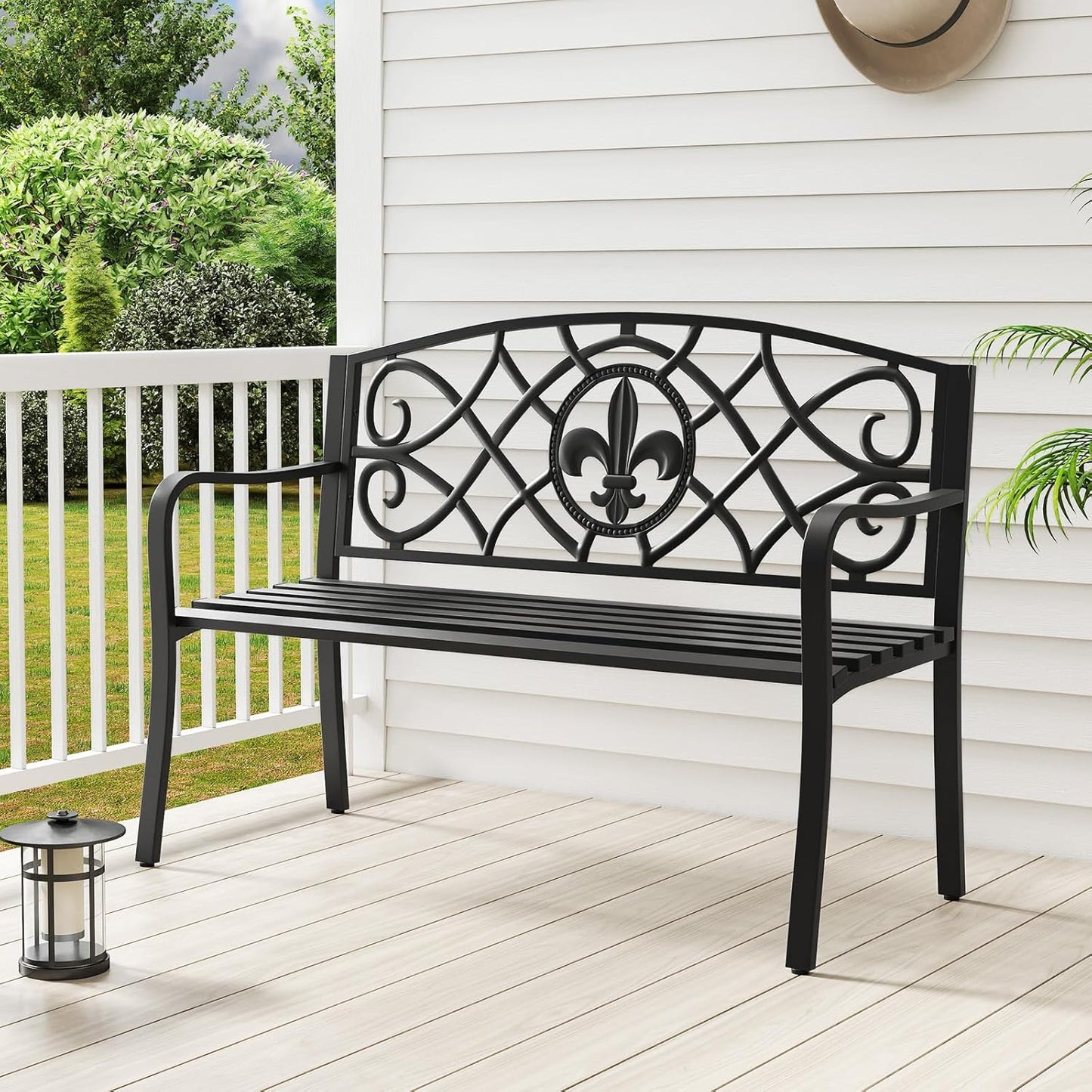 Tangkula Metal Outdoor Garden Park Bench, 50.5 Inch Metal Slatted Loveseat for 2-3 with Cast Iron Floral Backrest, Heavy-Duty Patio Seating Furniture for Backyard, Porch, Balcony