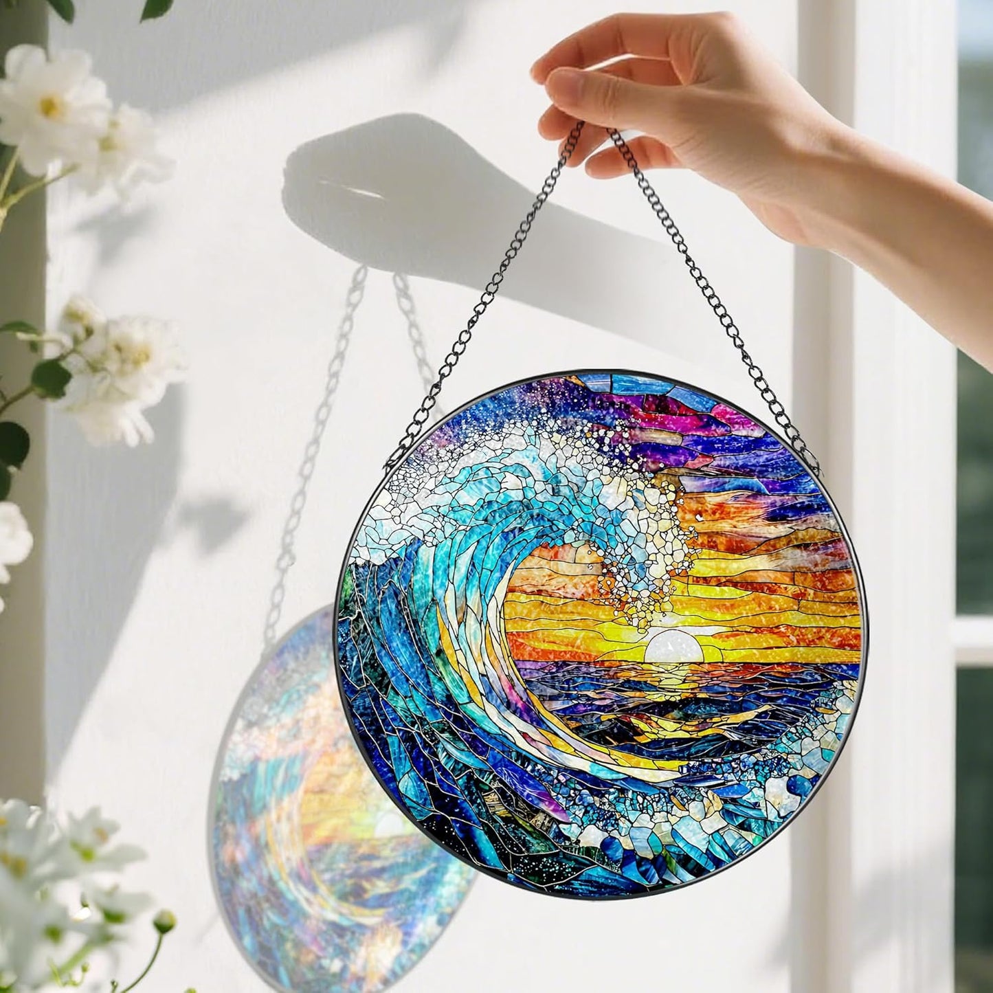 Stained Glass Window Hanging, Pauyadu 8 Inch Sea Waves Stained Glass Suncatcher, Sunset on The Beach Window Decor, Gift for Beach Lovers, Natural Gifts, Christmas, Mother's Day, Housewarming Gifts