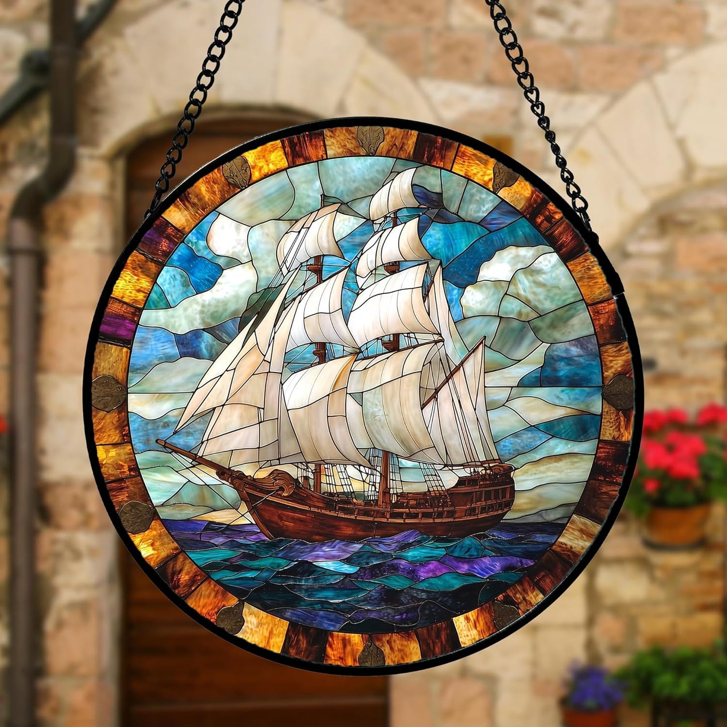 Stained Glass Window Hanging, Sailing Ocean Sun Catchers Glass Panel Navigation Suncatcher Decor for Birthday for Women, Men, Wife, Aunt, and Mom 11.8x11.8 in