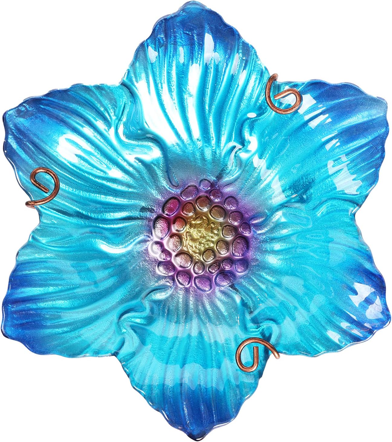 Outdoor Bird Bath Glass Birdbath Garden Birdfeeder with Metal Stake Blue(Height:26inch)