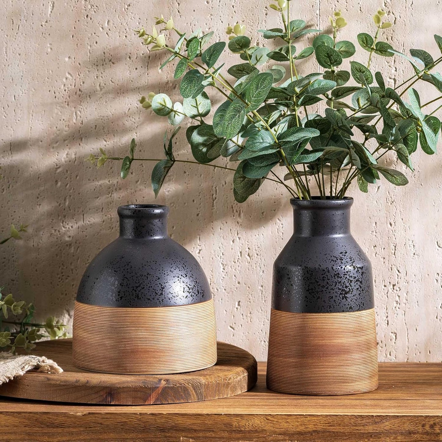 Black and Brown Rustic Farmhouse Floral Ceramic Striped Vase, Modern Antique Decorative Ceramic Flower Vases for Bouquet, Living Room, Bookshelf, Office, Wedding Mother Cottage Core Home Decor 7.7 in