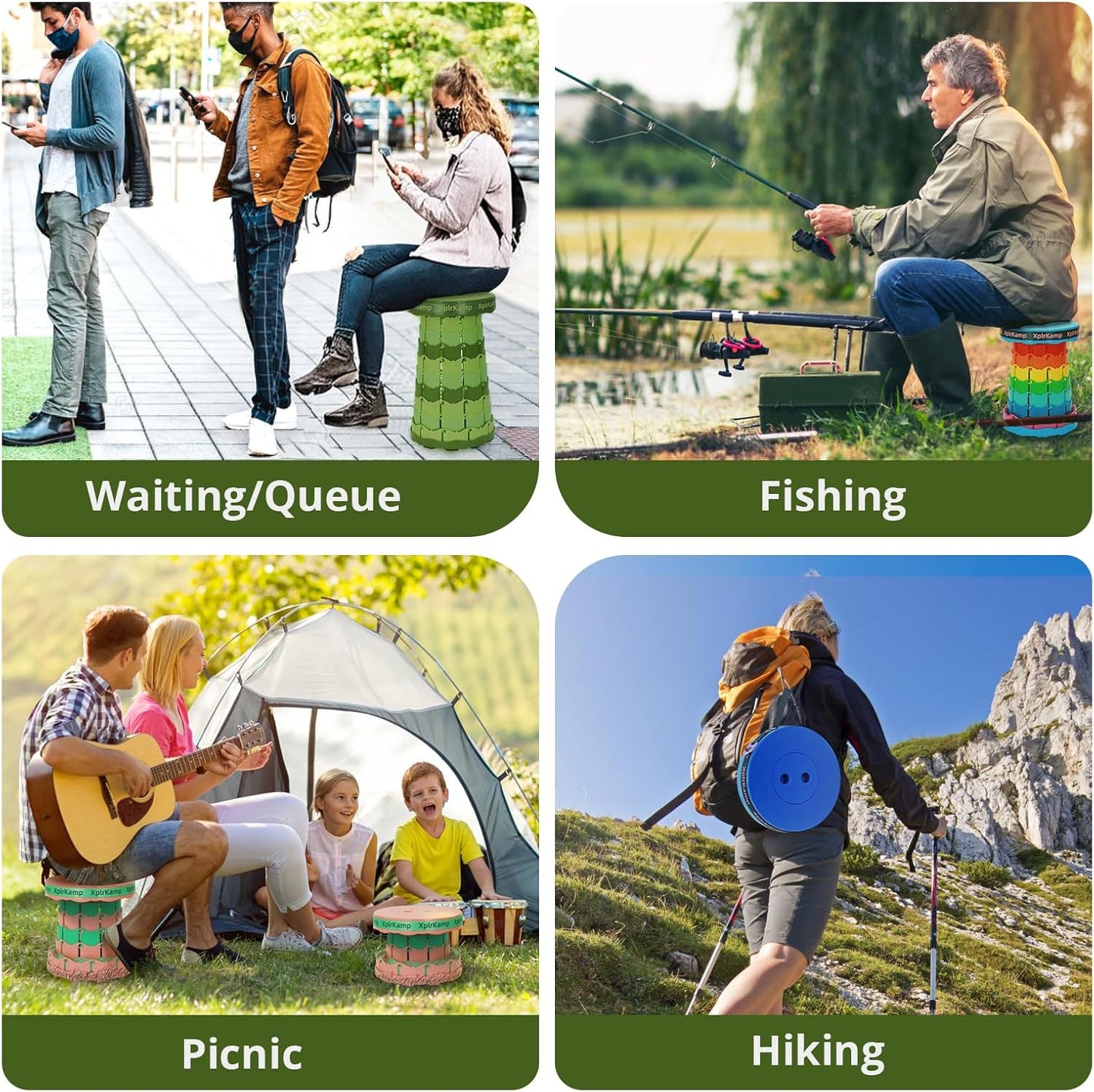 Retractable Folding Stool - Heavy Duty 400 lb Collapsible Portable Stool for Camping, Hiking, Fishing, Indoor/Outdoor with Non-Slip Base and Lightweight Design (Light Green, 1-Pack)