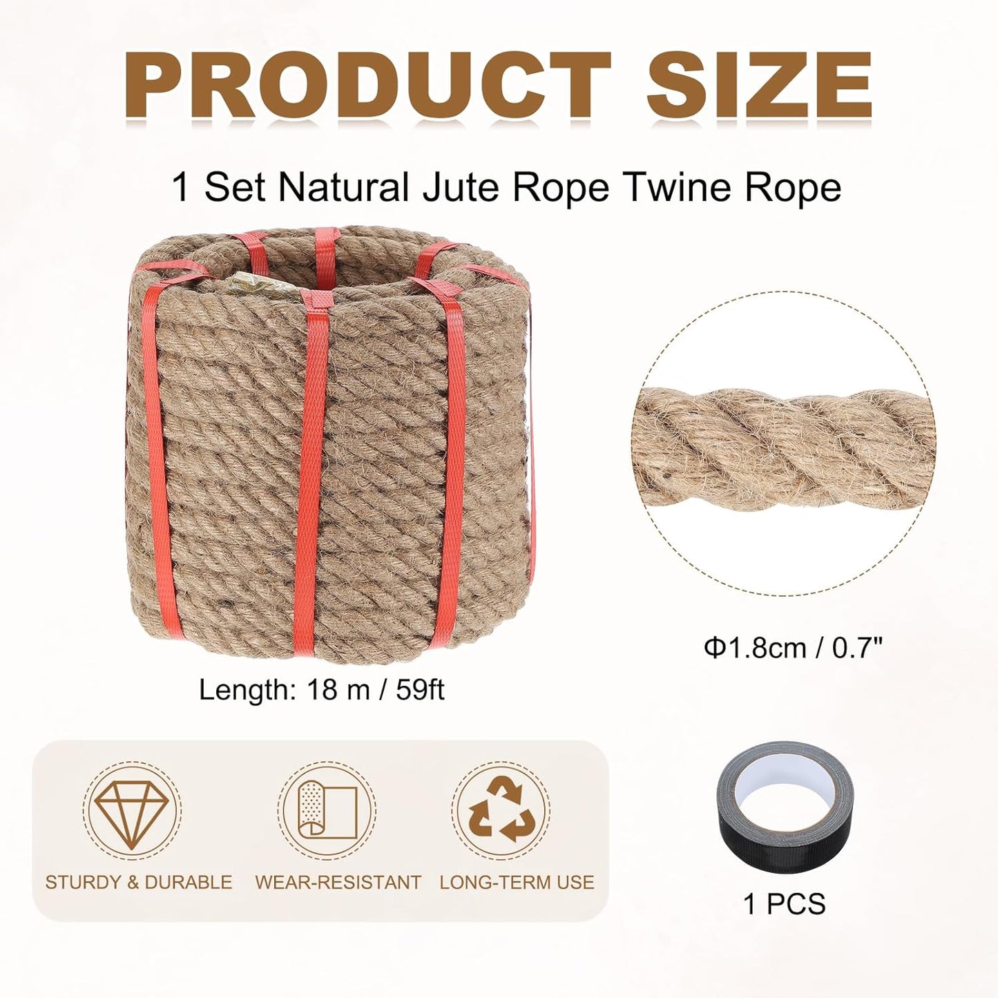 MECCANIXITY Jute Rope 0.7 Inch x 59ft, Thick Twine Rope Ropes Braided Jute Twine Natural Brown Burlap Cord String Heavy Twisted with Tape for Decorative Crafts Railing Swing Tug of War