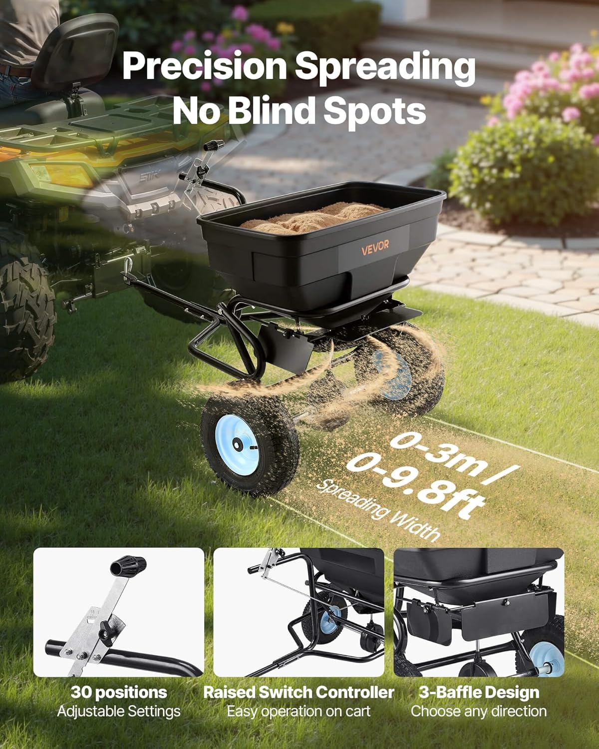 VEVOR Tow Behind Broadcast Spreader, 130LBS Capacity, Tow-Behind Lawn Spreader with 13 in Tires, 30 Adjustable Setting & 9.8 ft Spreading Width, Lawn Spreaders for Seed, Fertilizer, Salt, Ice Melt