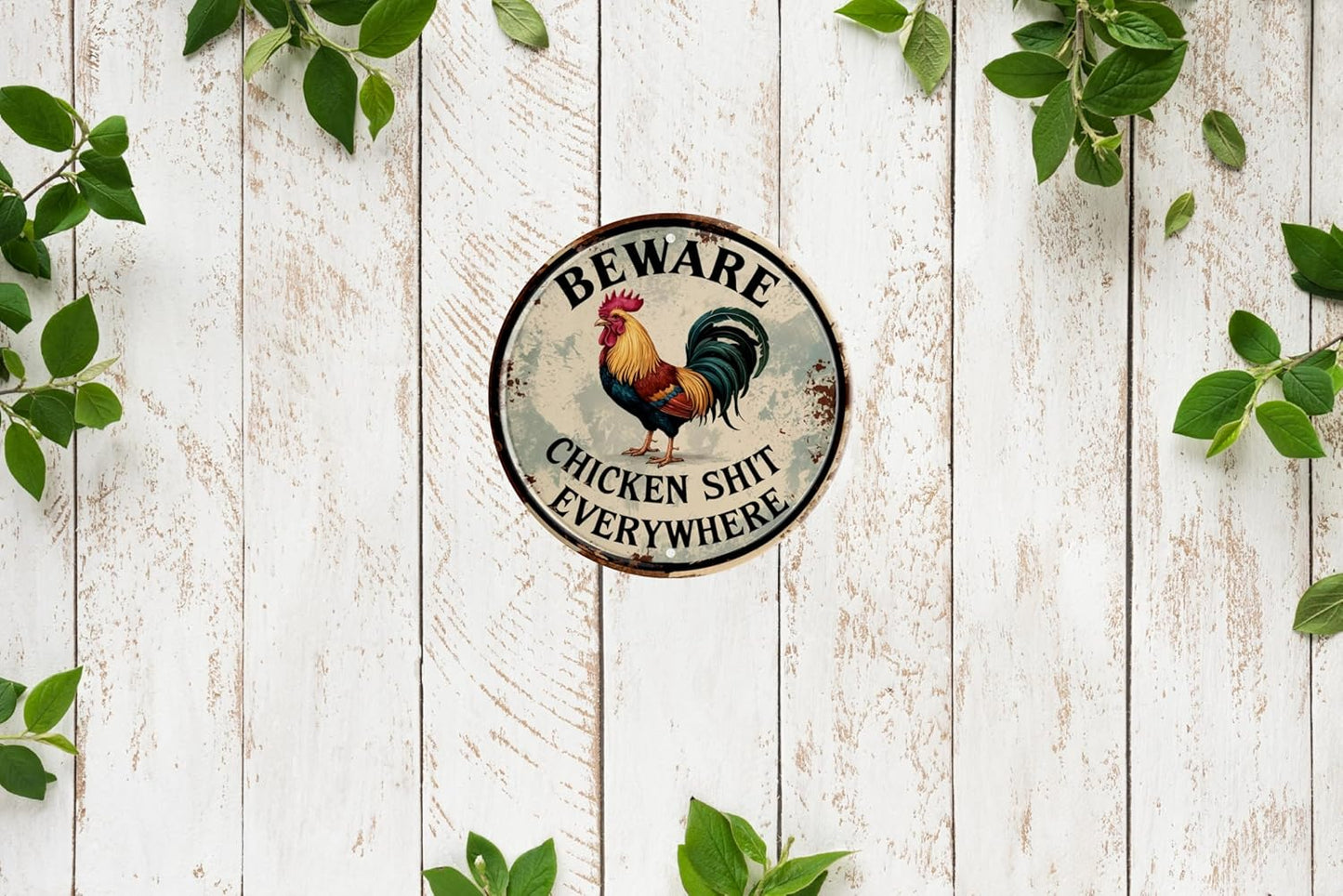 Chicken Decor Vintage Beware Chicken Shit Everywhere Rooster Wall Art Rustic Farmhouse Decor for Restaurants & Home Wall Mounted Vintage 8x8 In