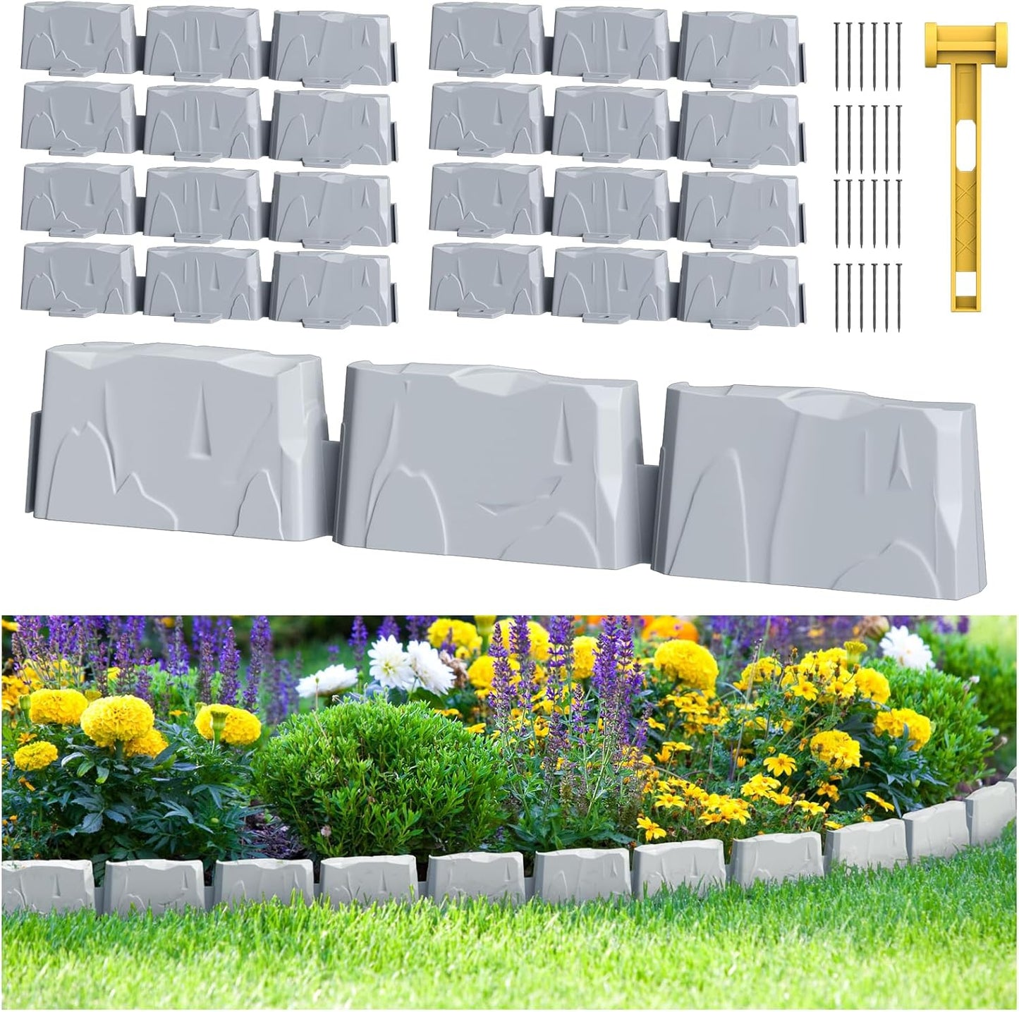 8Pcs Landscape Edging(12 FT) 24 Spikes - Faux Stone Edging Border for Garden, Flower Beds, Lawn & Pathways | 12" L x 3" H | Faux Stone Edging for Landscaping Outdoor (Grey)