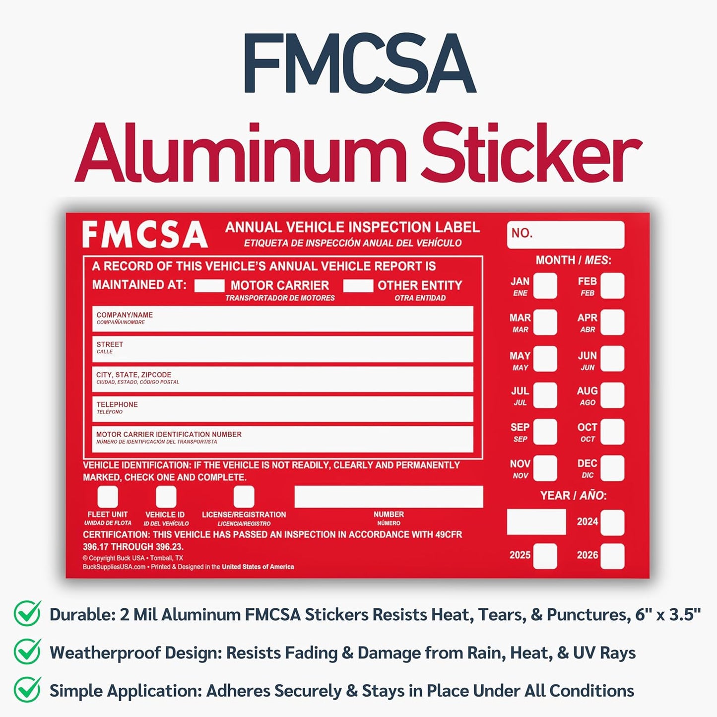 100 Pack 3-Ply Carbonless Annual Vehicle Inspection Report Forms with FMCSA Red Aluminum Adhesive Labels, DOT Inspection Forms and Stickers, Shrink-Wrapped, 8.5" x 11.75" - Made in USA