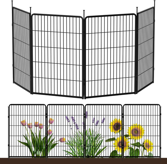 Doorless Garden Fence 40 in(H) x 8.9 ft(L) 4 Panels, Heavy Duty Metal Animal Barrier Fence, No Dig Fence for Dogs, Rabbit Fence for Garden, Black