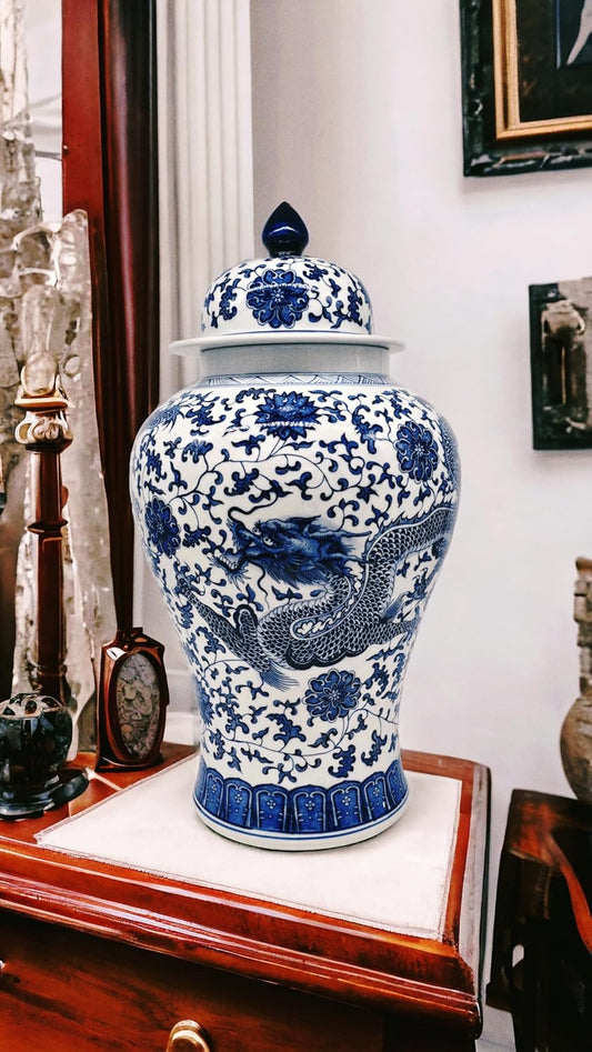 24" Classic Blue and White Dragon Porcelain Ceramic Temple Ginger Jar Vase, Large China Qing Style (Dragon)