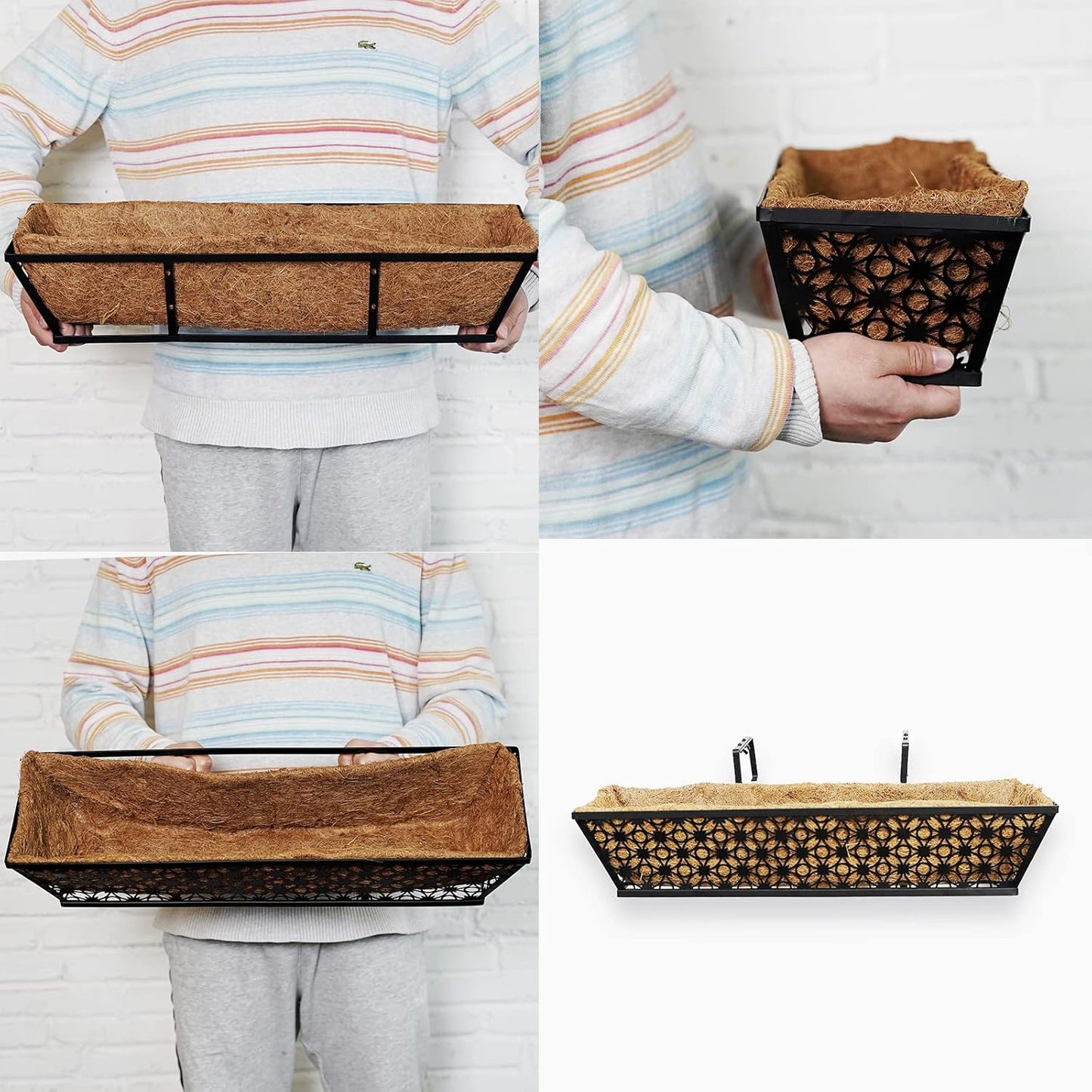 2 Set Deck Railing Planter Box 24" Black Metal Garden Trough Deck Planter English Horse Trough Window Box with Coco Liners