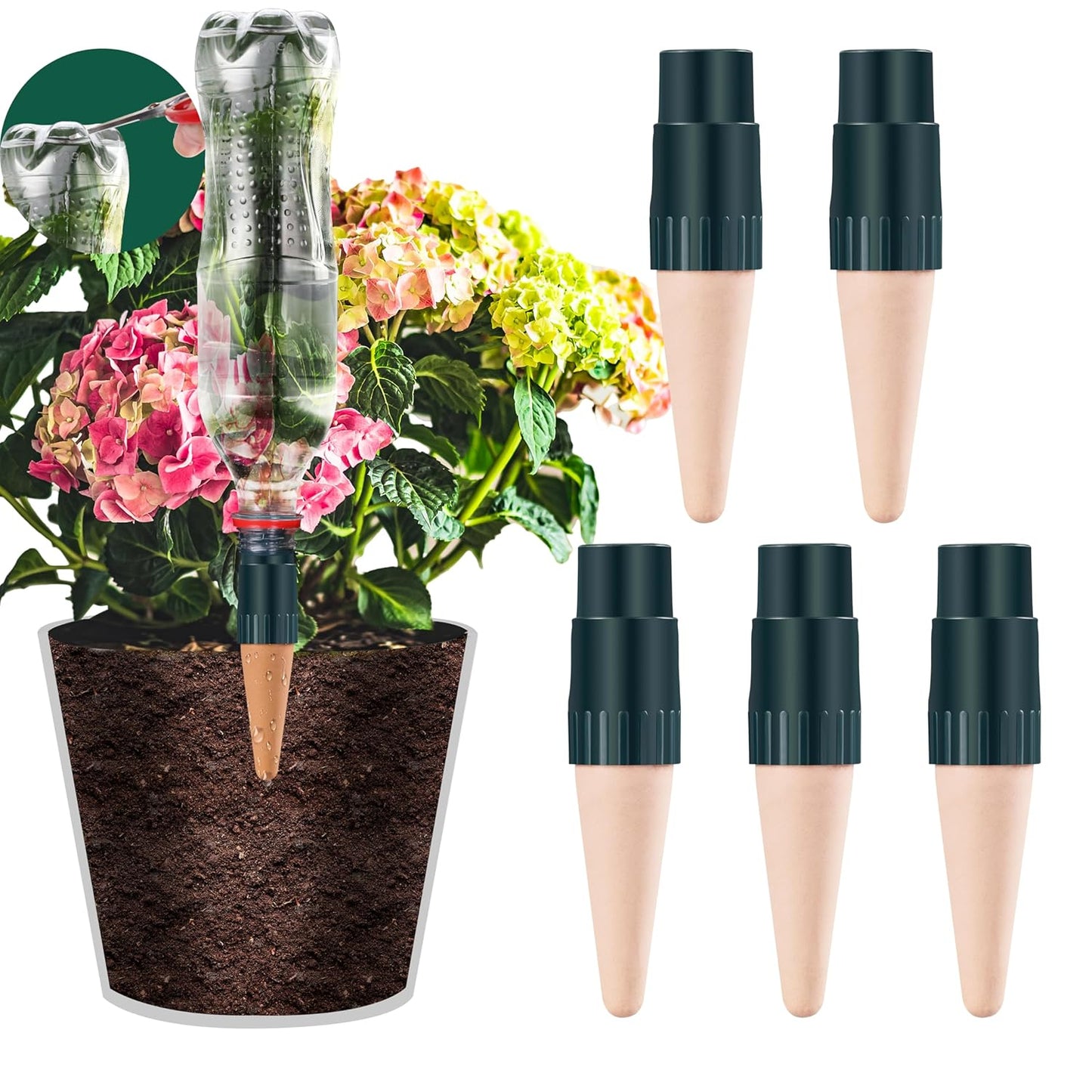 Terracotta Plant Watering Spikes, Bottle Adapter for Self Watering Planter Insert, Vacation Plant Watering Devices, Slow-Release Plant Watering Globes System for Outdoor | Indoor Use, 5-Pack