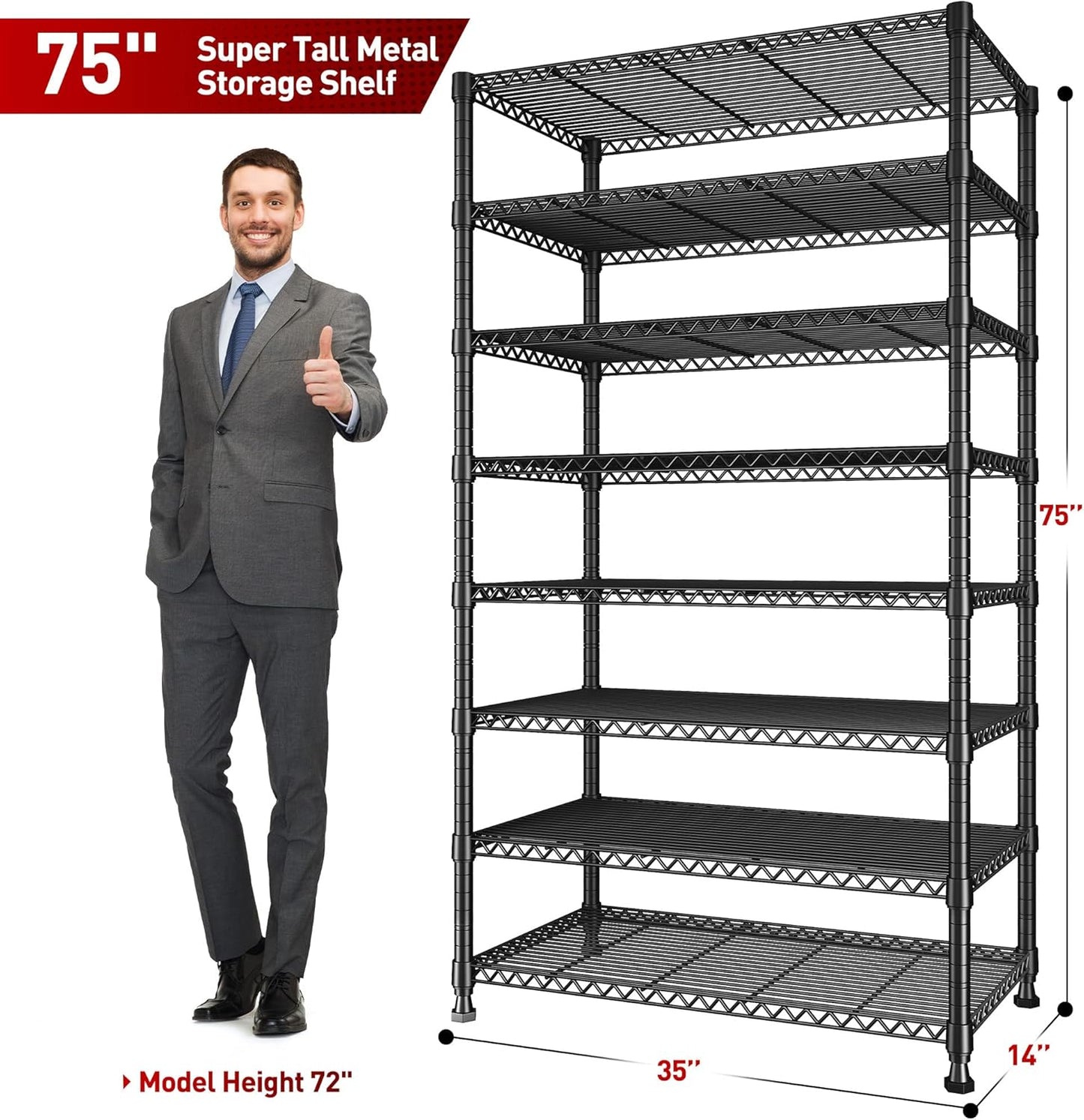 REIBII 8 Tier Metal Shelving 75"H Storage Shelves Tall Wire Shelving Unit Adjustable Detachable Storage Shelves for Laundry Pantry Kitchen Commercial school 1040LBS Storage Rack 75"H X 35"W X 14"D
