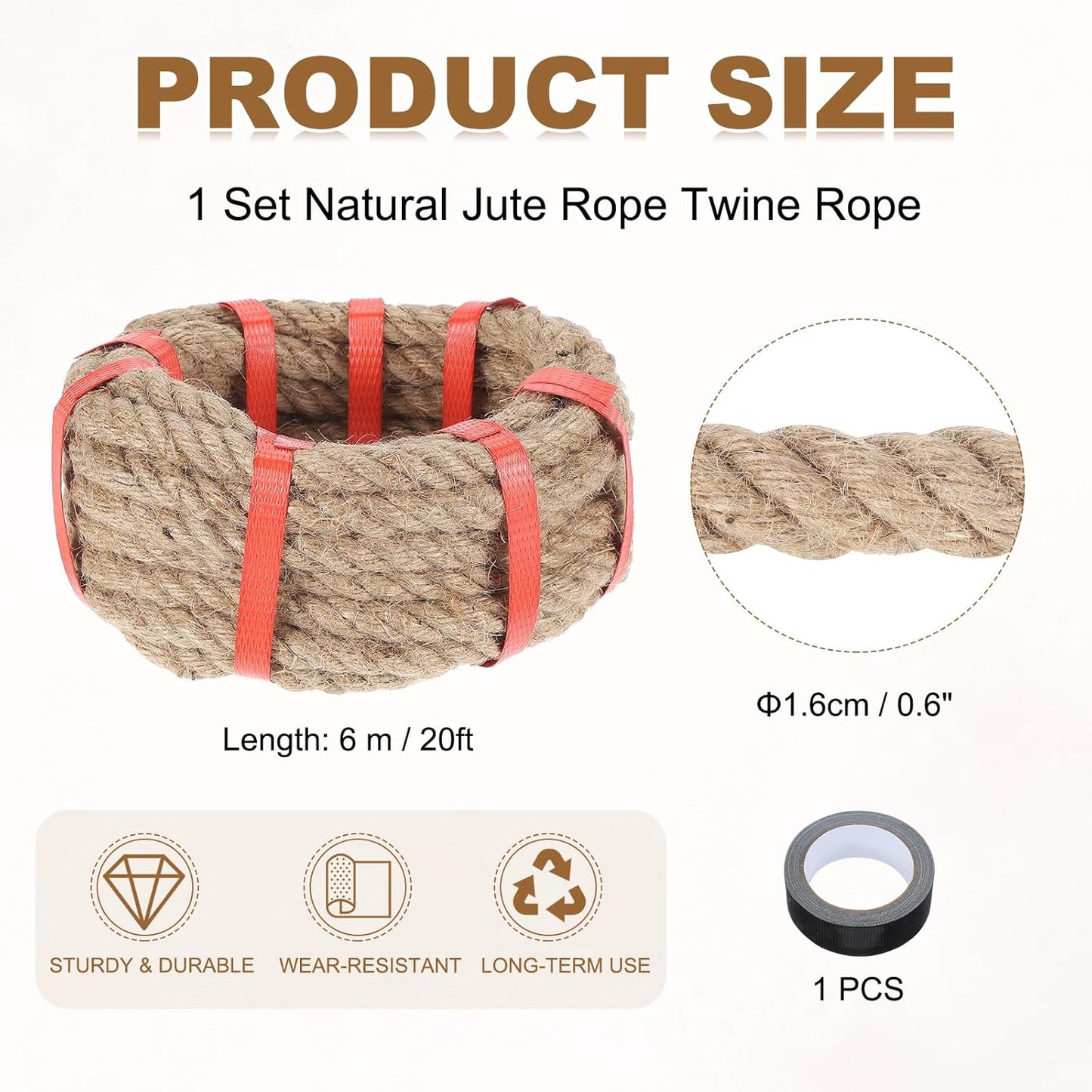 MECCANIXITY Jute Rope 0.6 Inch x 20ft, Thick Twine Rope Ropes Braided Jute Twine Natural Brown Burlap Cord String Heavy Twisted with Tape for Decorative Crafts Railing Swing Tug of War