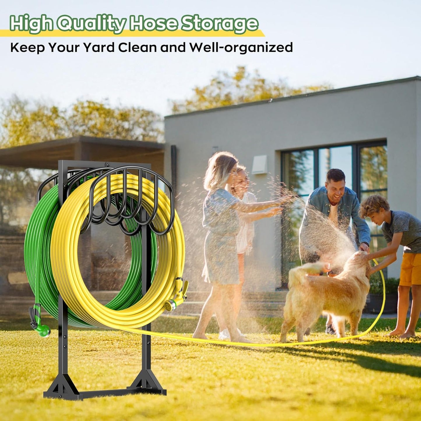 Garden Water Hose Holder Holds 2 * 150Ft Hoses, Heavy-Duty Metal Freestanding Hose Holder with 4 Spikes, Rustproof Garden Hose Reels Hose Hanger Storage for Outside, Yard, Lawn, Farm, Black
