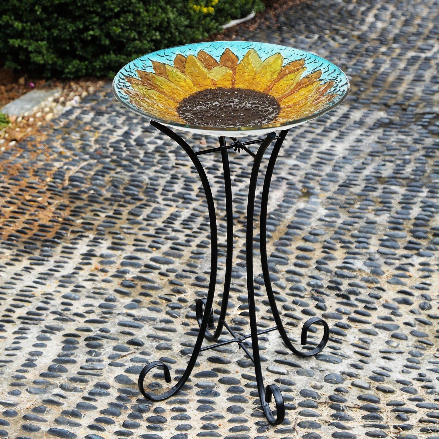 Glass Bird Bath Garden Hand Painted With Crushed Glass Bowl - Large Wild Bird Feeder for Garden, Yard, Patio, Lawn Decor - 18 x 2 x 18 Inches, 64oz