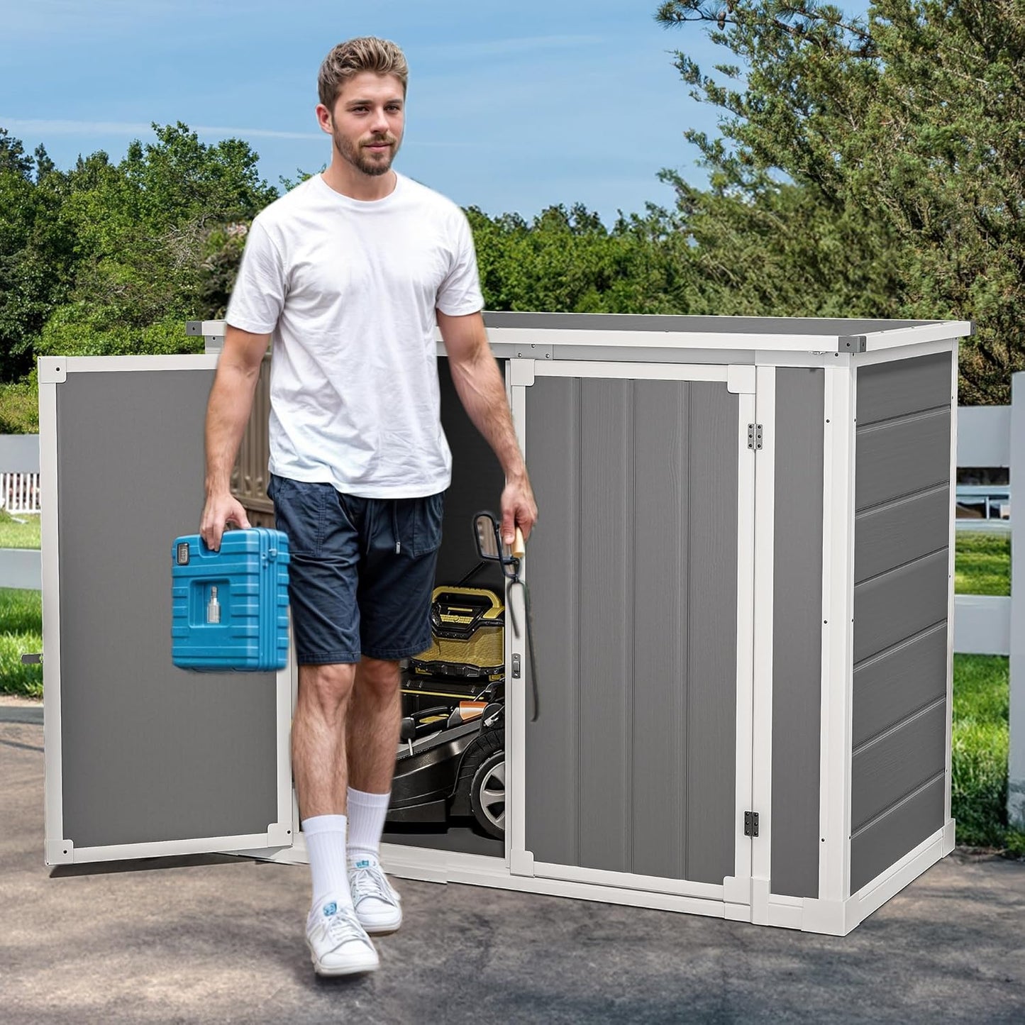 DWVO 41Cu.ft Outdoor Storage Shed w/o Shelf, 4.7x2.5 FT Horizontal Resin Tool Shed with Hydraulic Gas Rod and 3 Locks for Garden, Trash Cans, All-Weather Outdoor Storage, Lockable, Gray