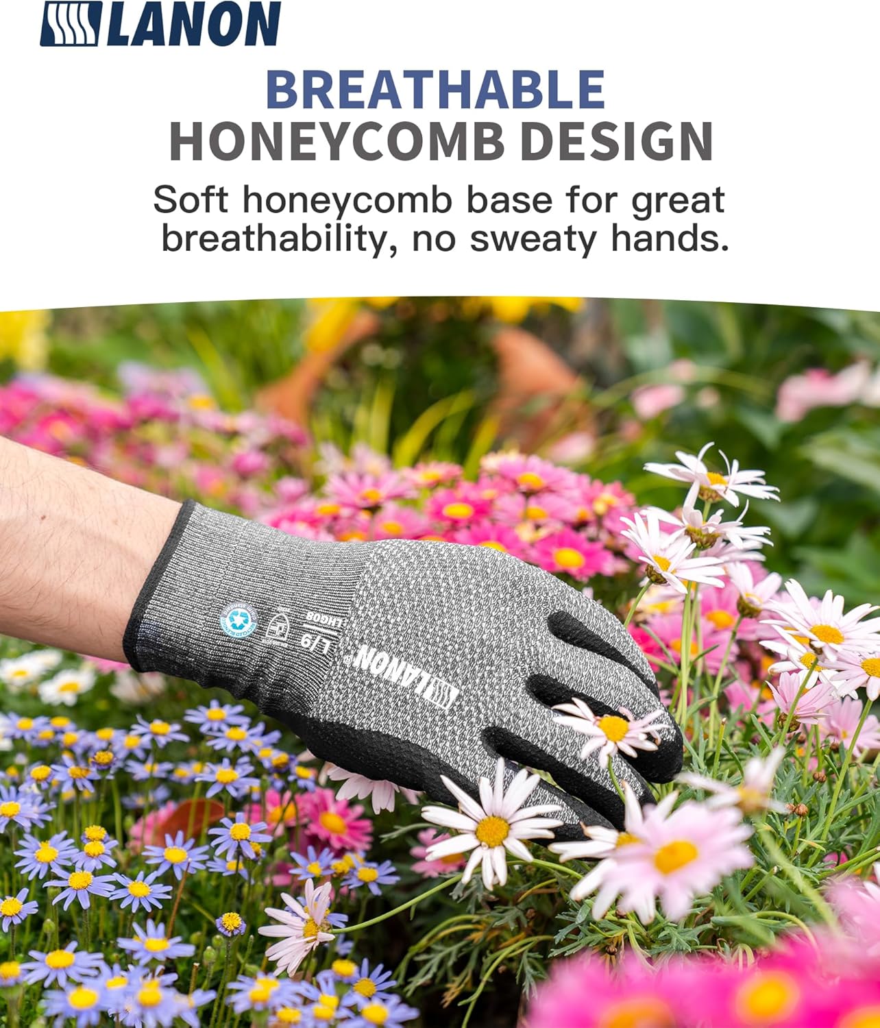 LANON Gardening Gloves for Men Women, 2 Pairs Nitrile Coated Garden Gloves with Grip, Breathable B.COMB AIR Technique, Dusty Olive & Bluebird, Large