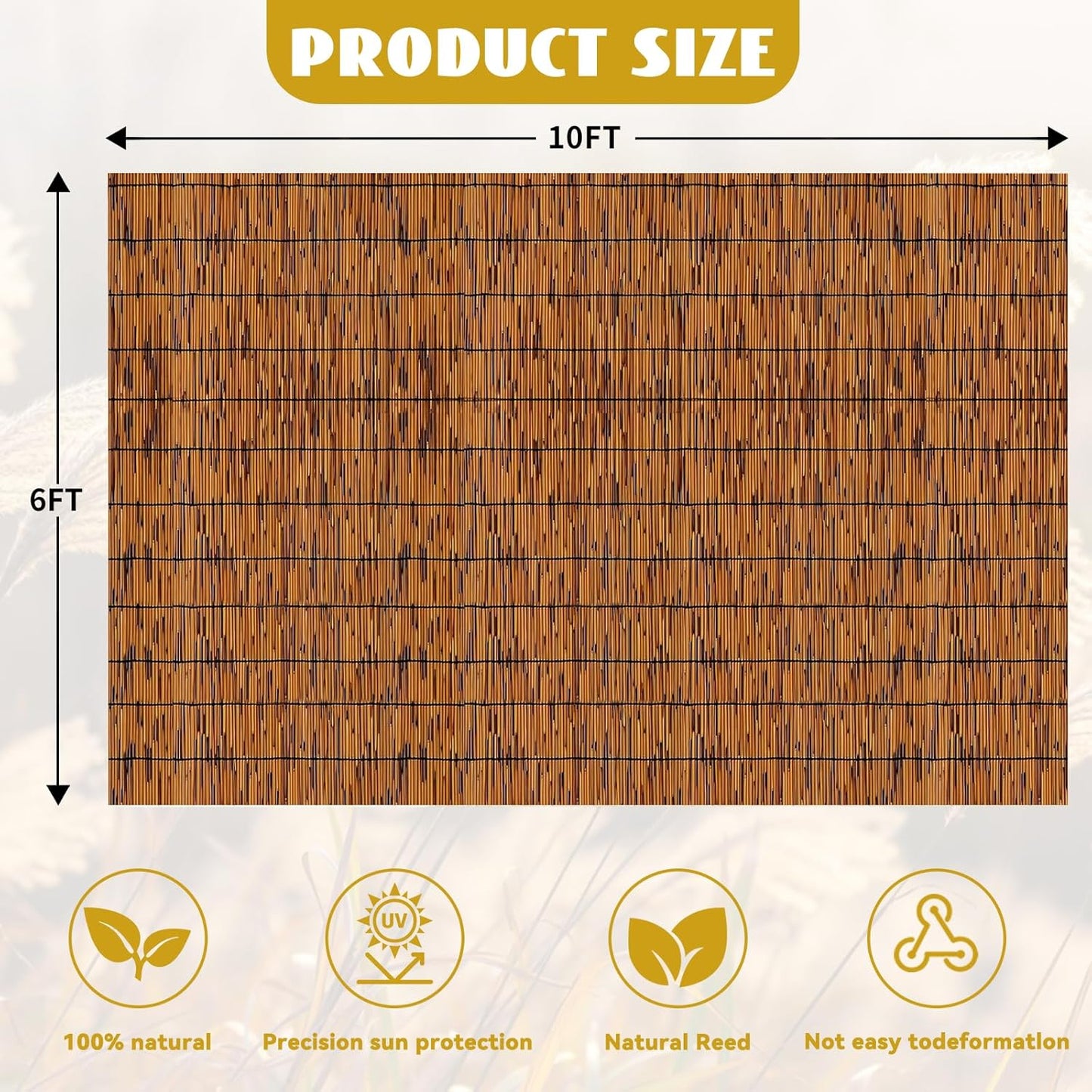 Bamboo Privacy Fence, Decorative Bamboo Fence Rolls 6 Feet High, Light Russet Reed Screens Outdoor for Patio Garden Backyard Balcony, 6 x 10 FT