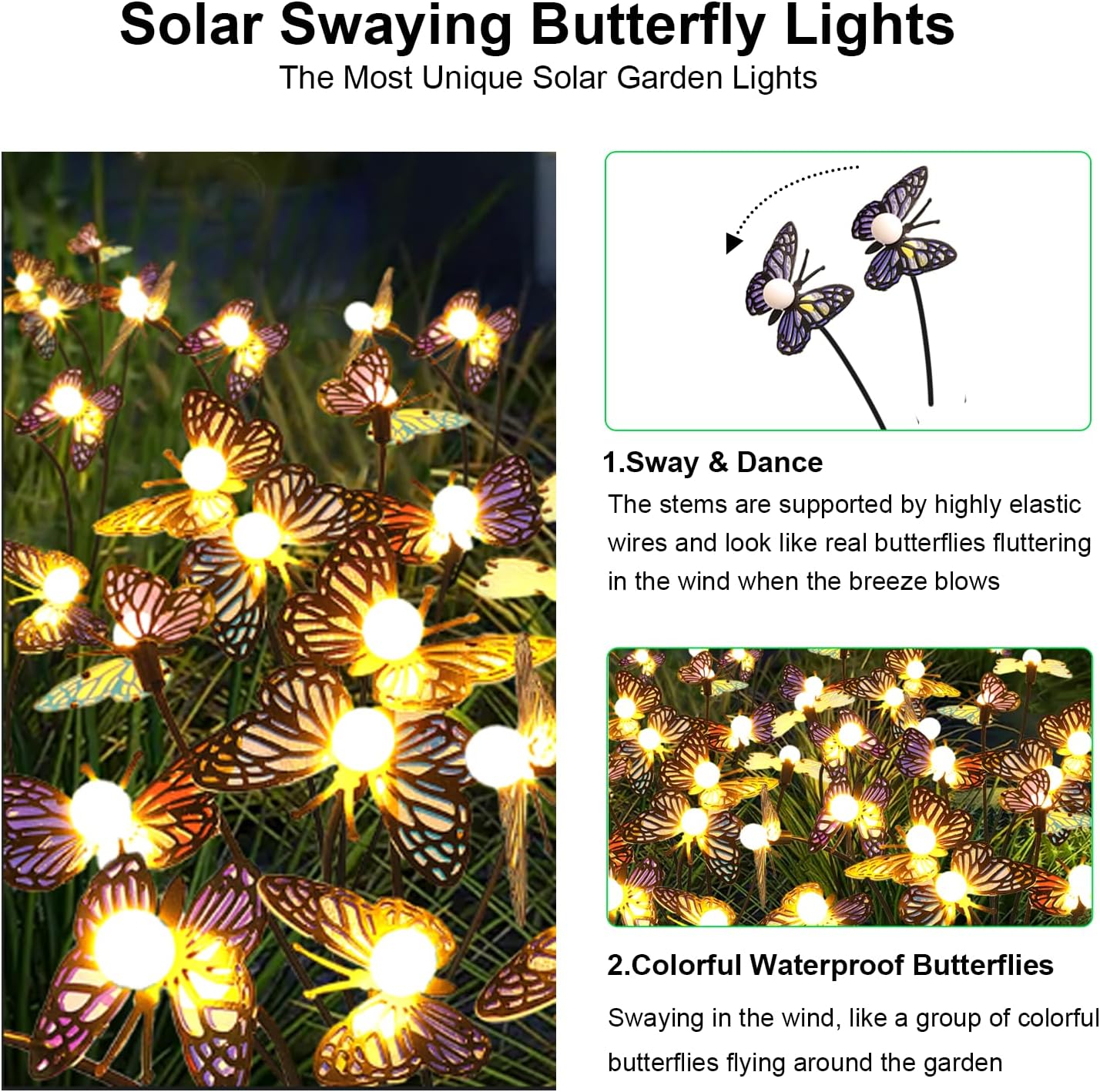 Solar Garden Butterfly Lights, 2 Pack 16 LED Solar Swaying Lights, Swaying in The Wind, Waterproof Firefly Light Outdoor Fairy Light for Garden Patio Yard Pathway Flower Bed Decoration