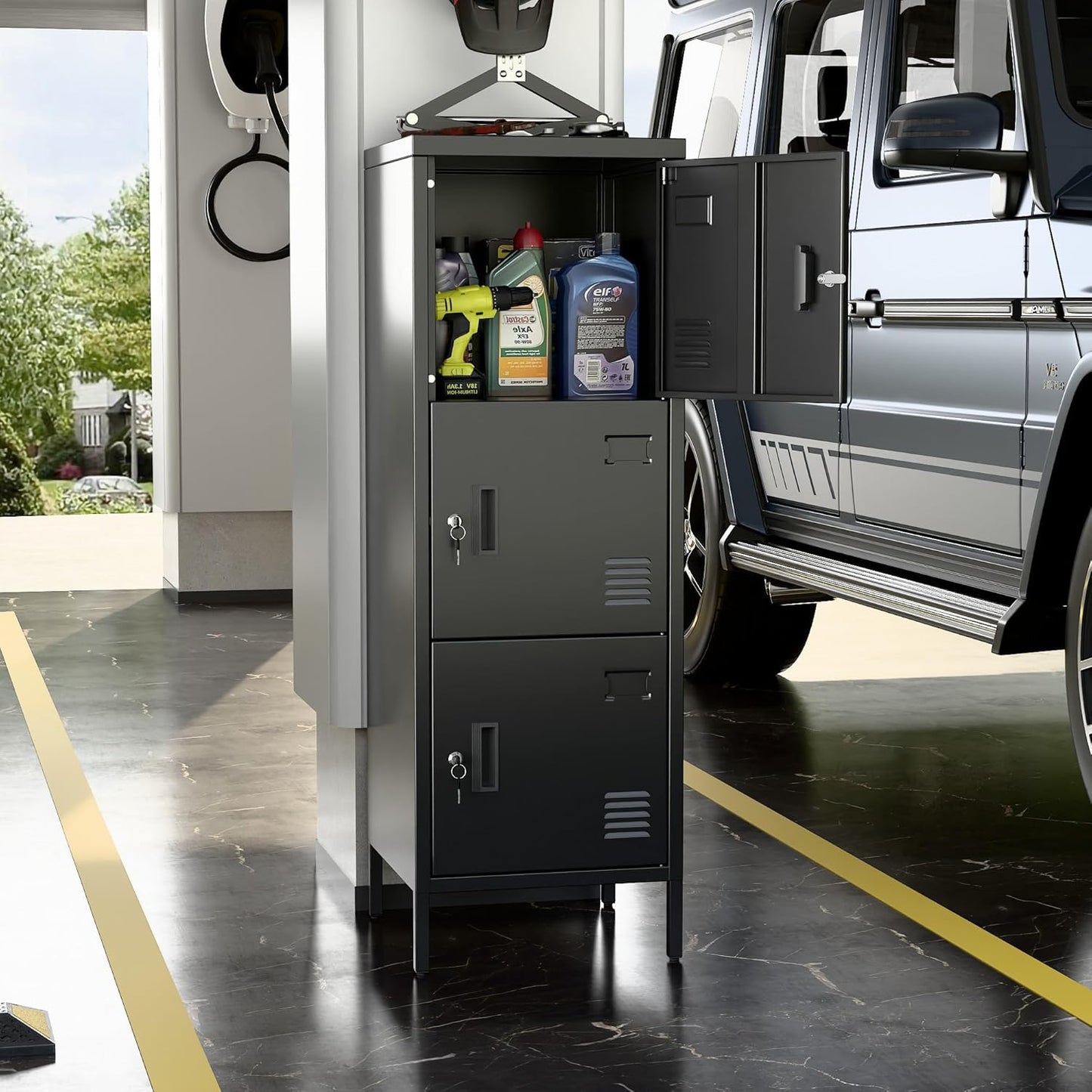 Metal Locker with Ventilation Holes, Metal Storage Cabinet with Lock and Card Slot for Home,School, Office, Garage,47.3" H x 15.8" W x 15.8" D,Assembly Required,Black